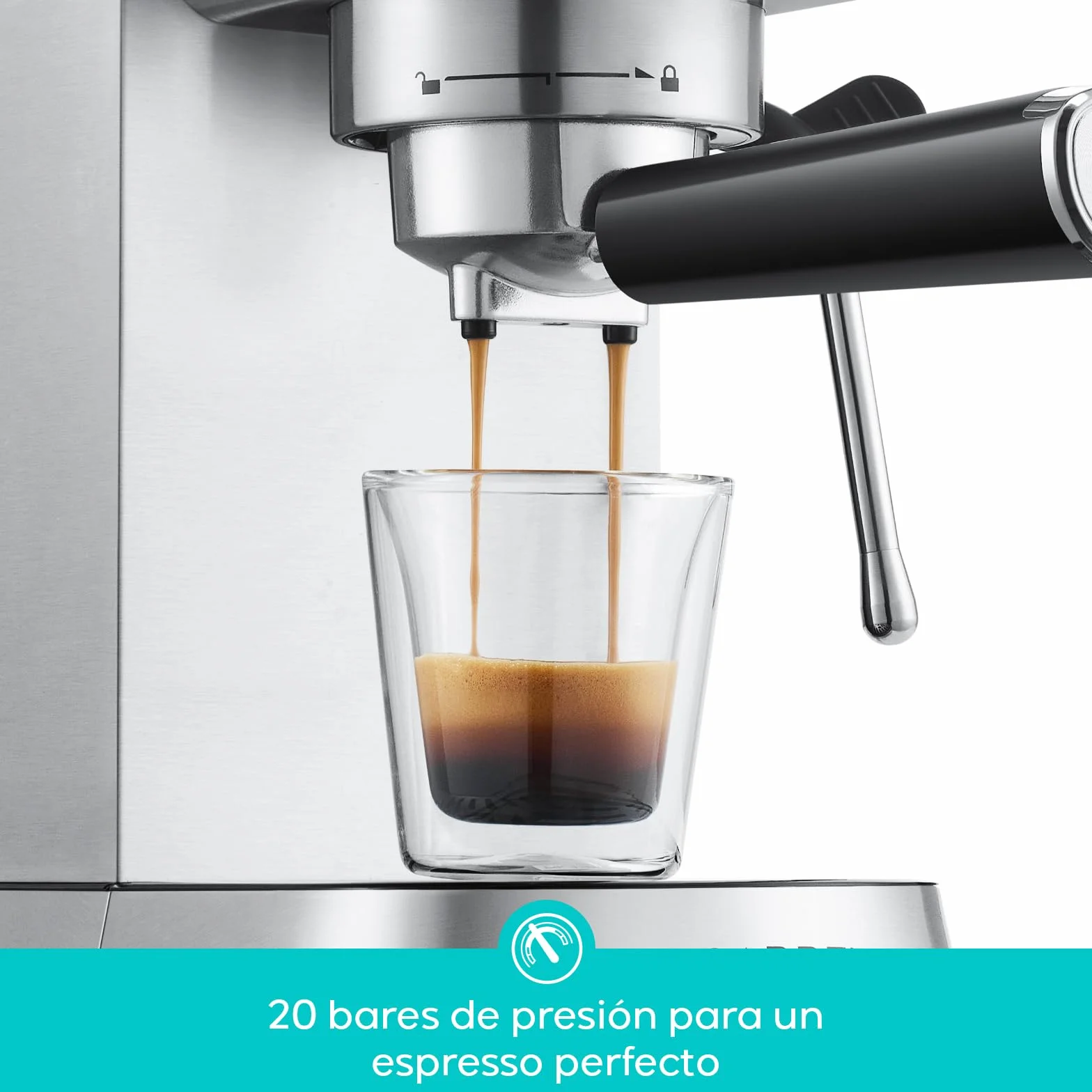 CASABREWS Cafetera Expresso y Capuccino, 20 Bares Café Expreso Manual con Manómetro, Barista Cafetera Cafe Molido, Depósito Extraíble de 1L, Portafiltros con Doble Salida y 2 Filtros, 1350W, Inox