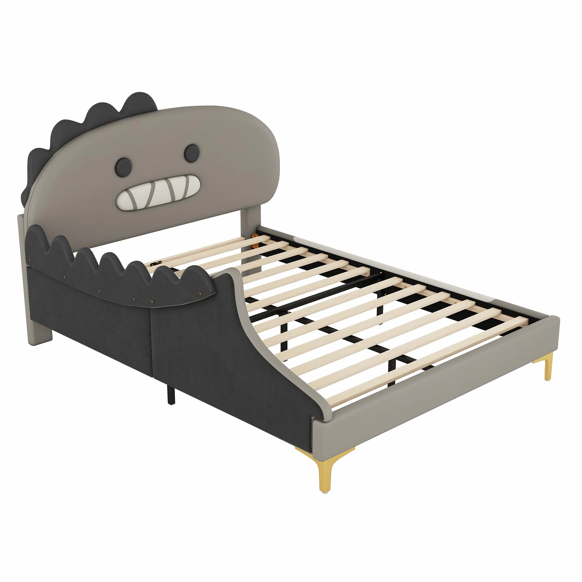 Cama infantil de 140 x 200 cm, diseño de dinosaurio, cama plana, material de poliuretano, color gris