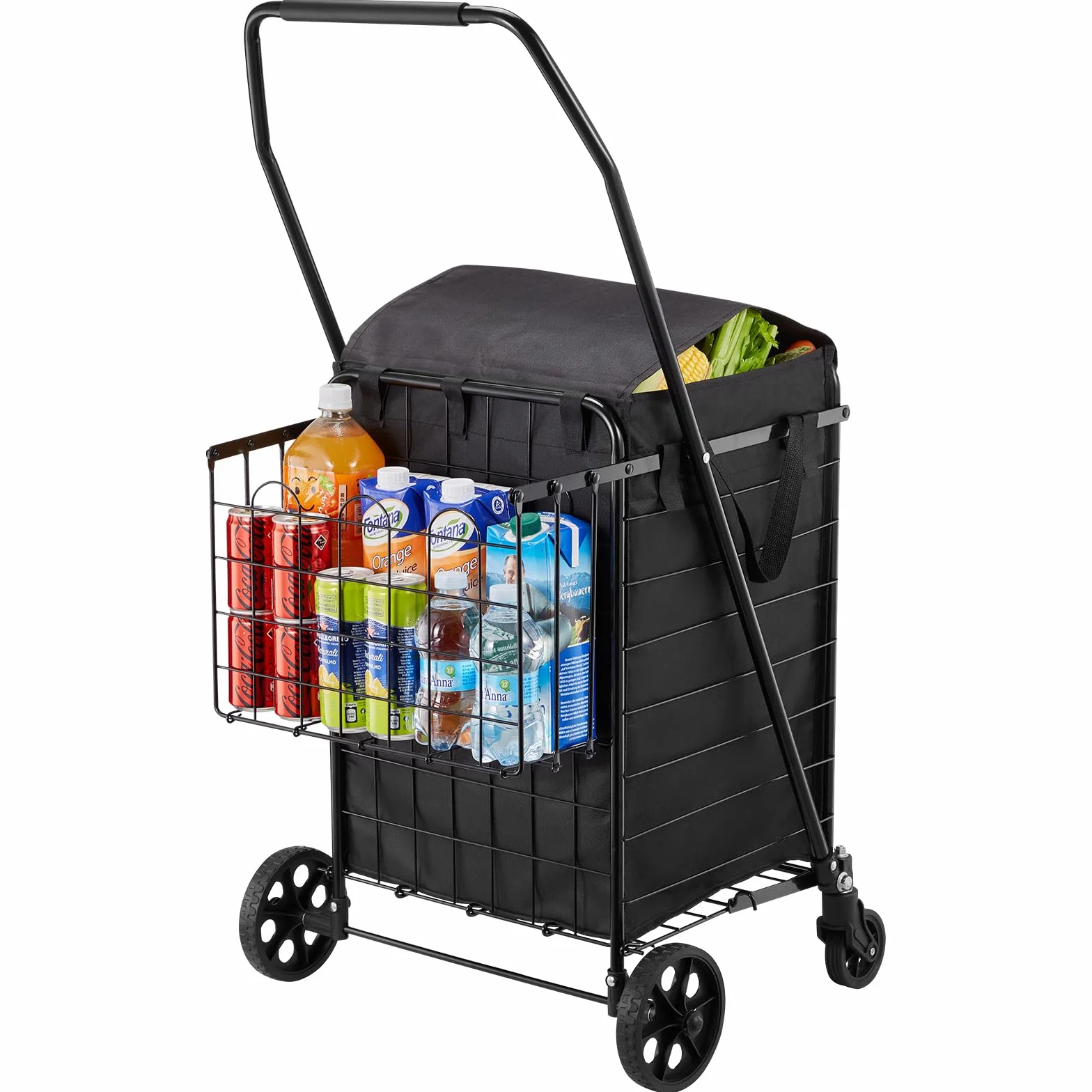 VEVOR Carrito de Compra, Plegable, con Dos Cestas, Revestimiento y Ruedas Impermeables, Capacidad de Carga de 45,3 kg, 64 + 10 L, Ideal para Lavandería, Compras, Camping y Comestibles, Negro