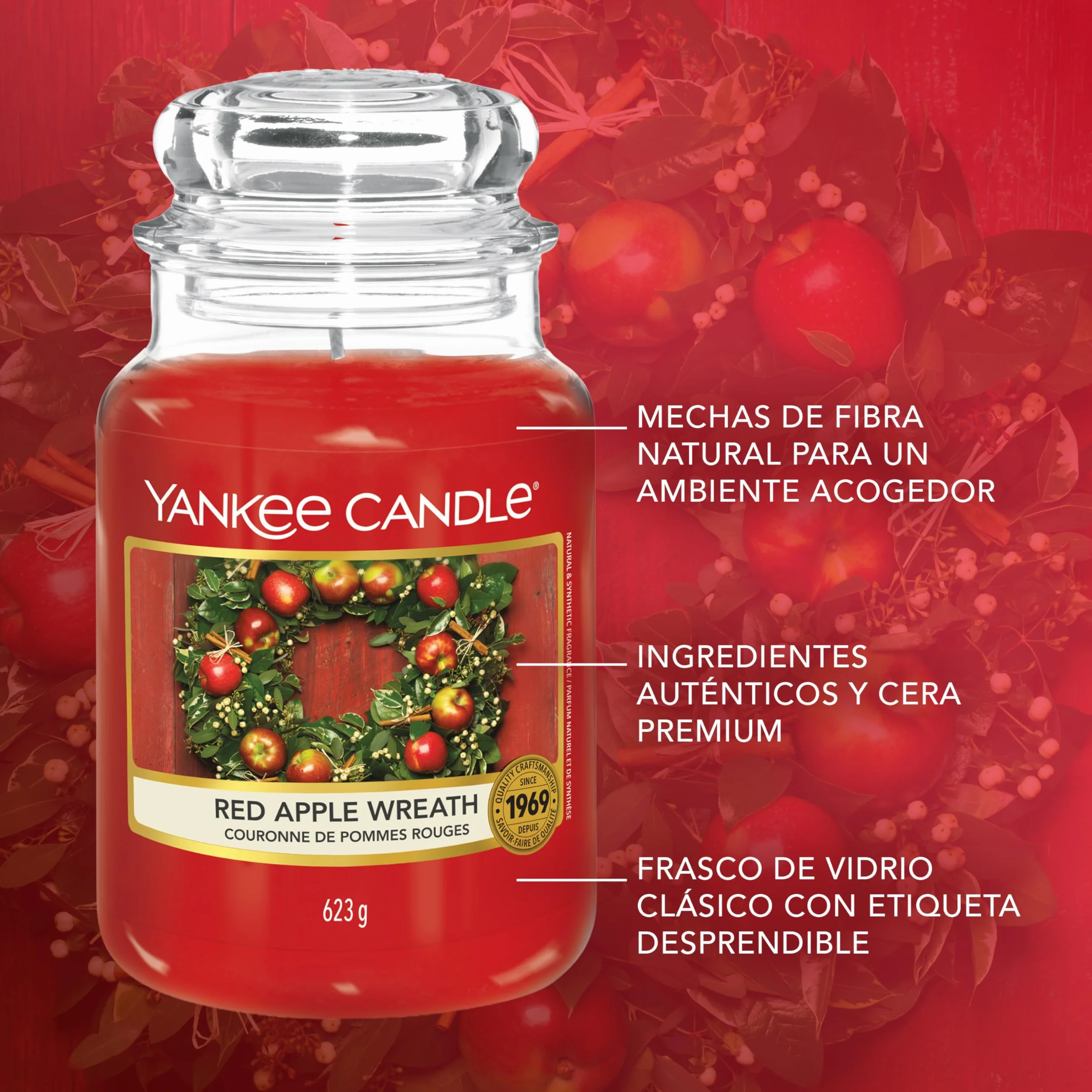 Yankee Candle Red Apple Wreath vela en tarro grande, larga duración 150 h, regalo para mujer