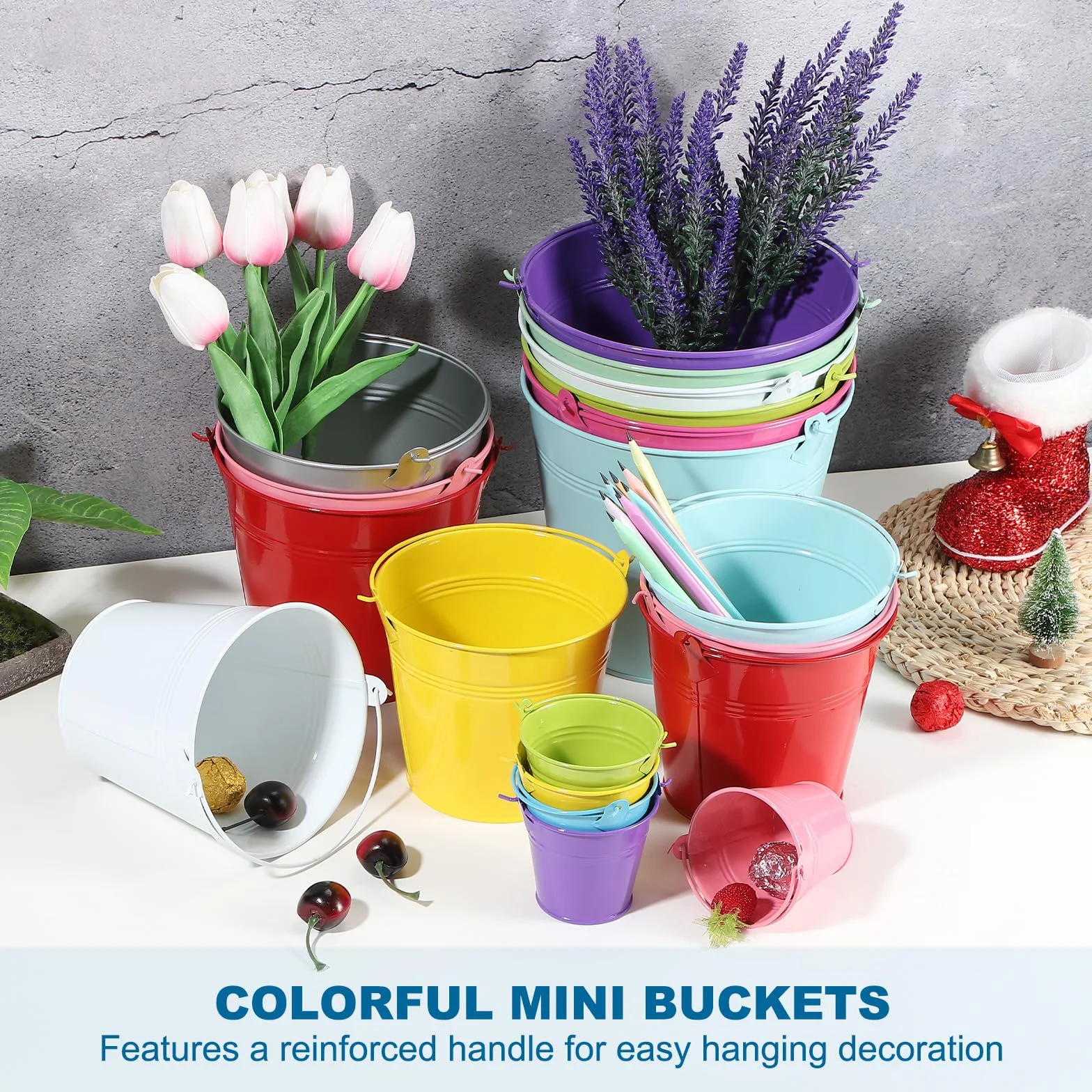 PATIKIL 7x5x6cm Pequeños Cubos de Metal con Asa, 12 Pcs Mini Cubo Galvanizado Colorido para Pascua para Manualidades Fiestas Decoración, Plata