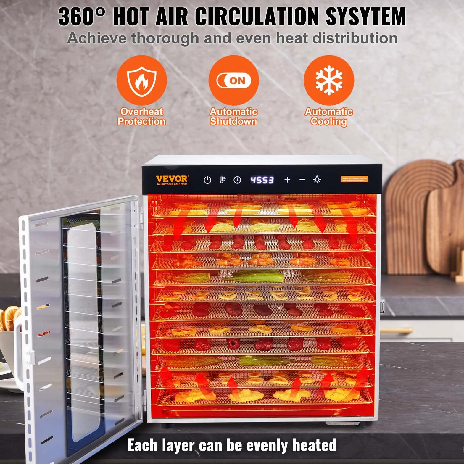 VEVOR Máquina Deshidratadora de Alimentos 10 Bandejas Acero Inoxidable 1000 W Temperatura Ajustable 30-90 °C Temporizador 0,5-48 h