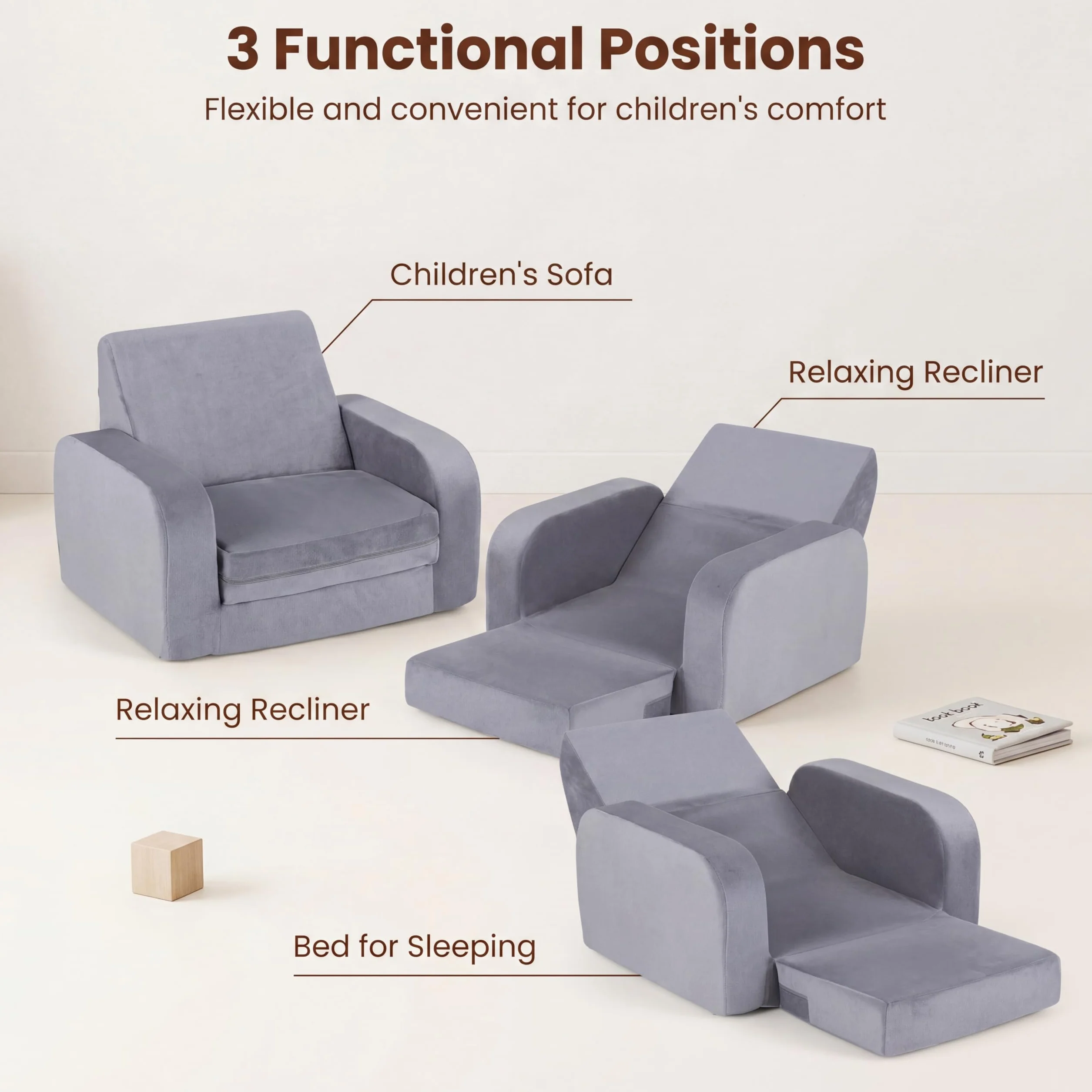 LIFEZEAL Sofá infantil plegable 3 en 1, sofá cama con funda extraíble, cómodo sofá cama para niños pequeños, mini sofá para bebé, para dormitorio, sala de juegos