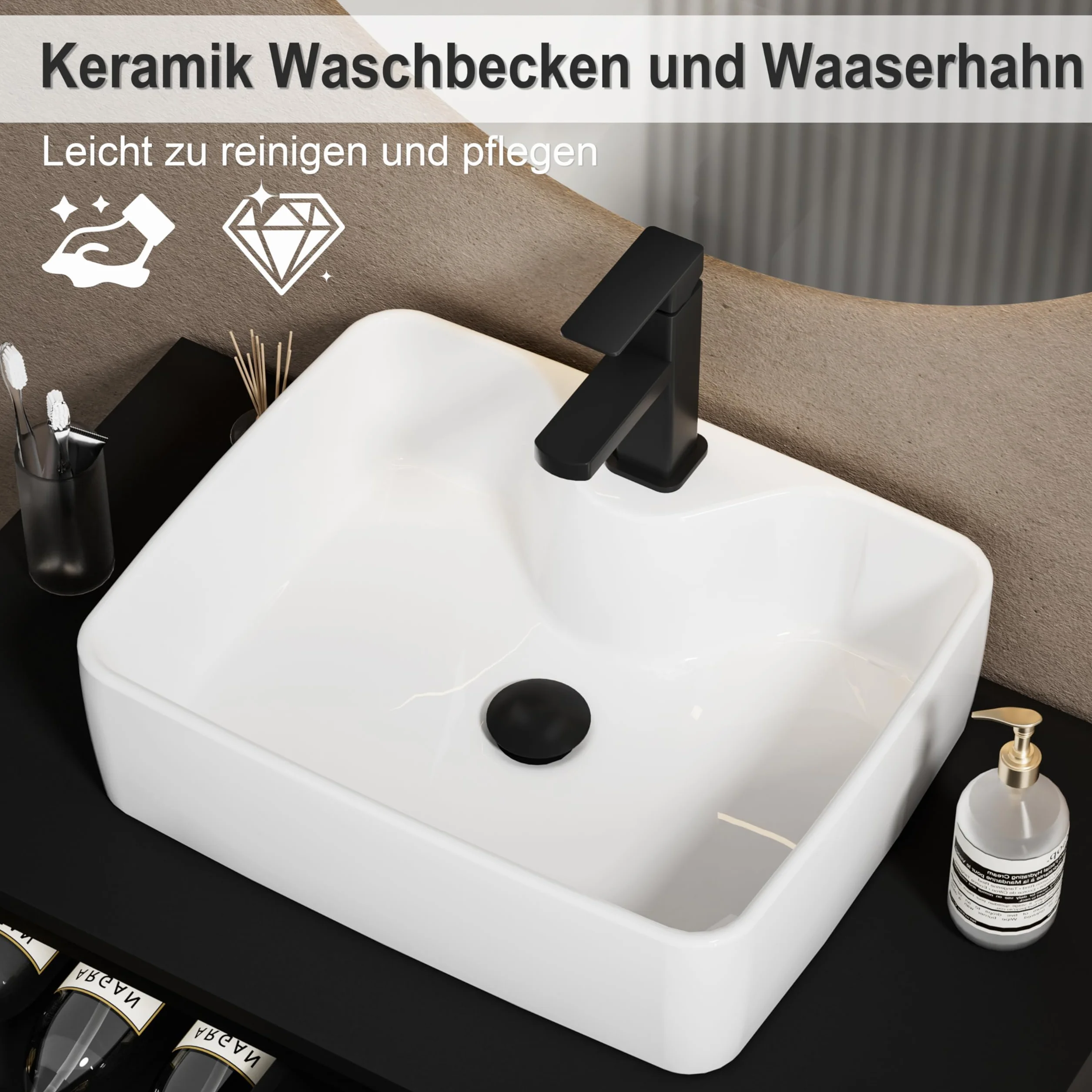 UEV Mueble de Baño 80CM con Lavabo de Cerámica, Mueble de Baño Suspendido Combina Elegancia y Funcionalidad, Lavabo con Mueble de Pared, Negro