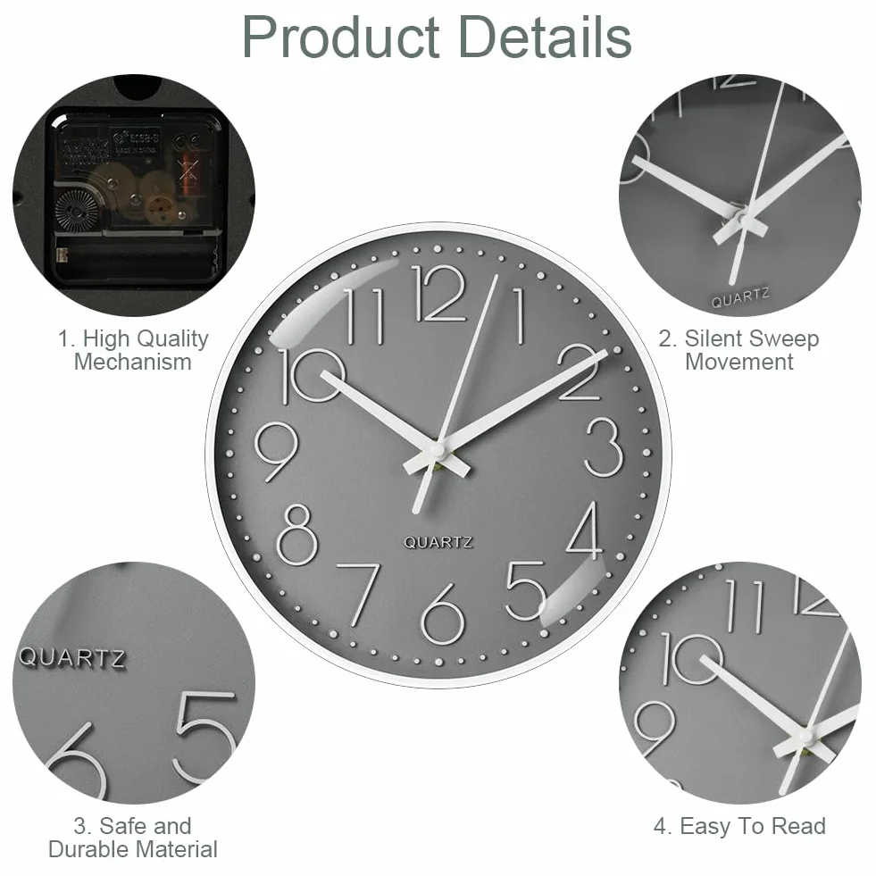 Aolso Reloj de Pared 8 Pulgadas Silencioso Movimiento de Cuarzo Clásico Moderno Decorativo Cocina Comedor Habitación Funciona con Pilas Gris