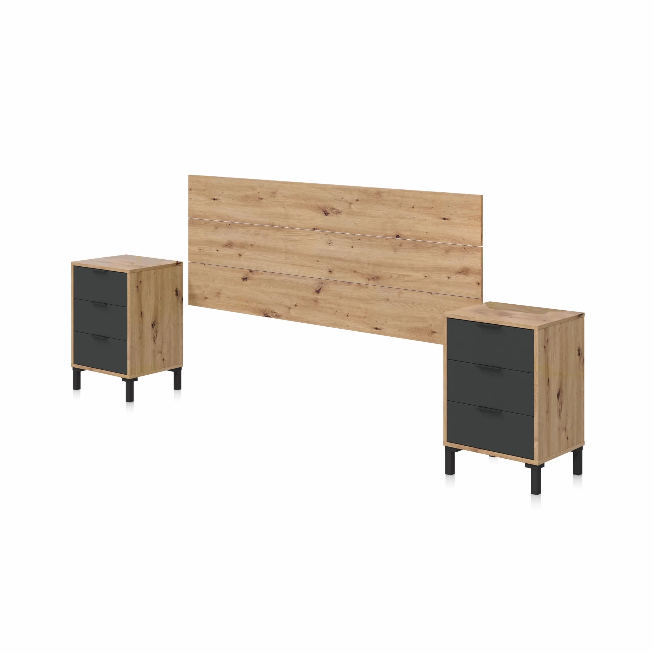 duehome | Cabecero y 2 mesitas de Noche, Cabecero Cama de Matrimonio, Modelo Luke, Acabado en Roble Nodi y Gris Antracita, Medidas: 160cm (Ancho) x 60 cm (Alto) x 2,5 cm (Fondo)