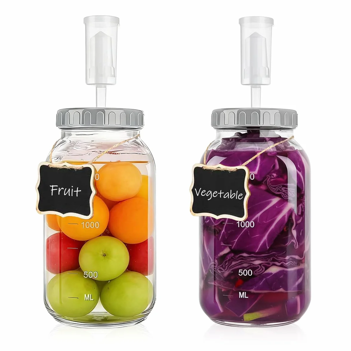 2 PCS Tarros de Fermentación 2L con Tapa, Kit de Fermentación con Cierre de Aire,Recipiente deFermentación de Vidrio, Kit de Fermentaciones con Etiquetas Cuerdas para Chucrut Kéfir Kimchi