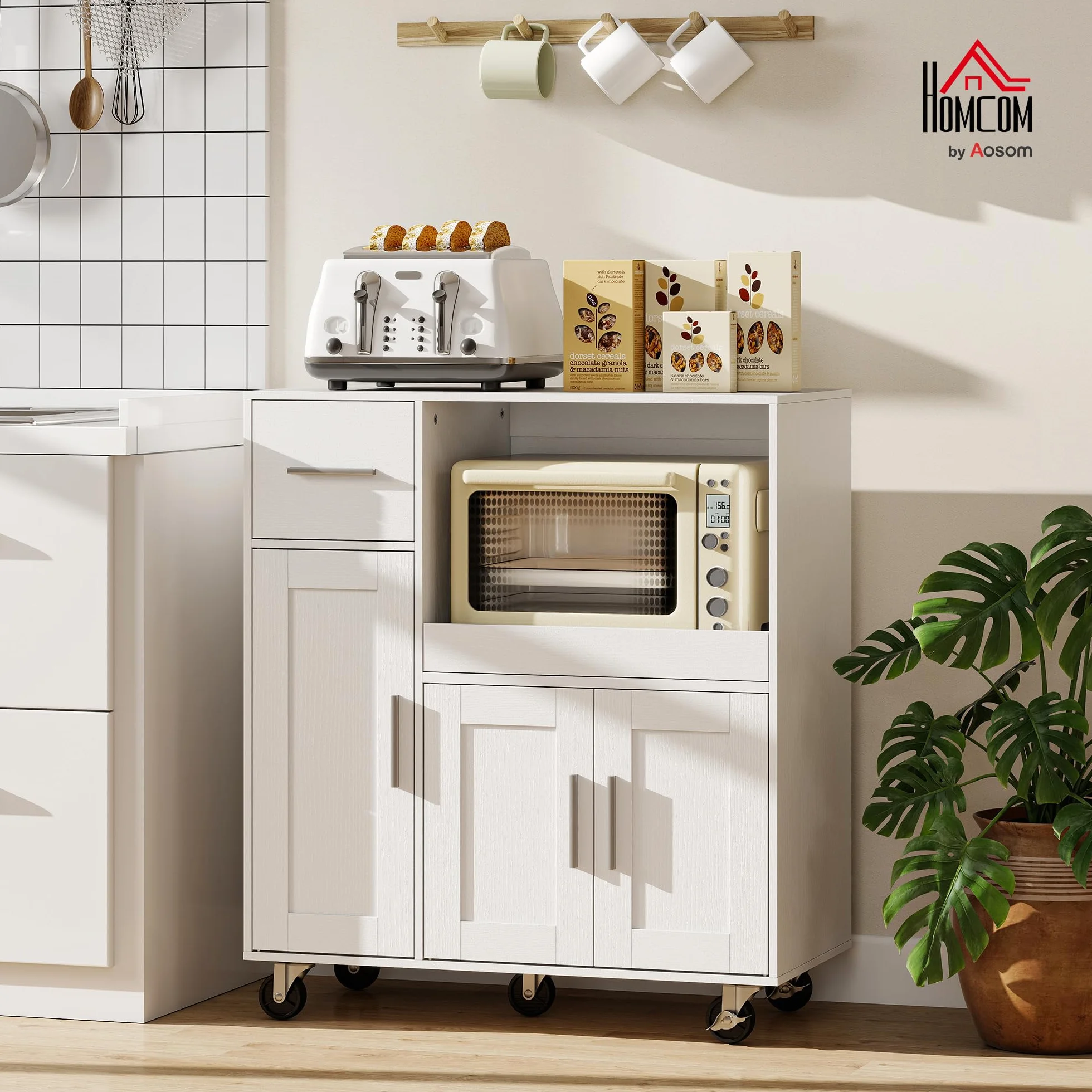 HOMCOM Mueble Auxiliar de Cocina con Ruedas, Aparador de Cocina para Microondas con Bandeja Deslizante, Cajón, 3 Puertas, Estante Ajustable y Orificio para Cables, para Salón, 80x40x88,7 cm, Blanco