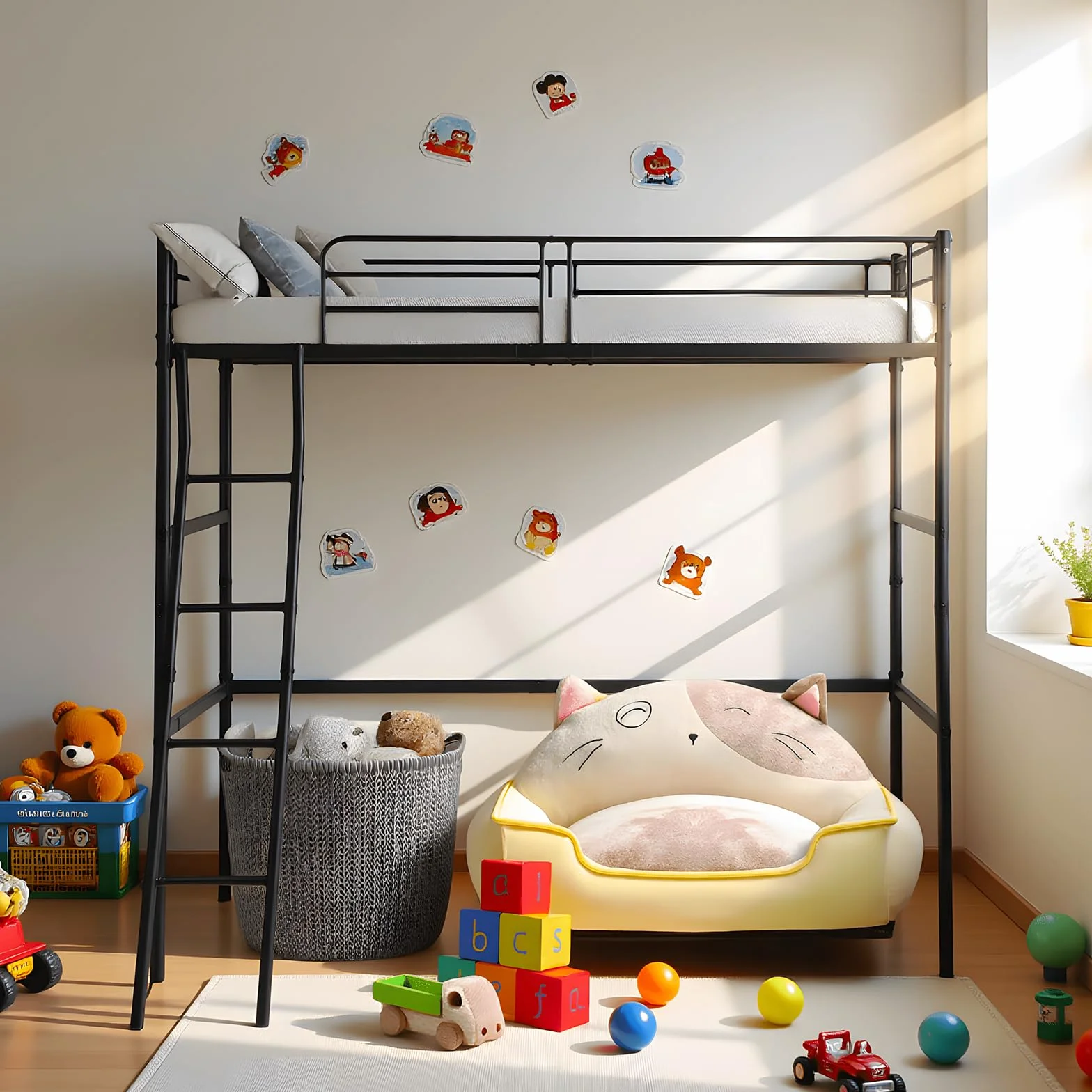 DORAFAIR Cama Alta 90x200 cm Metal con Escalera, Barandillas Seguridad, Negro