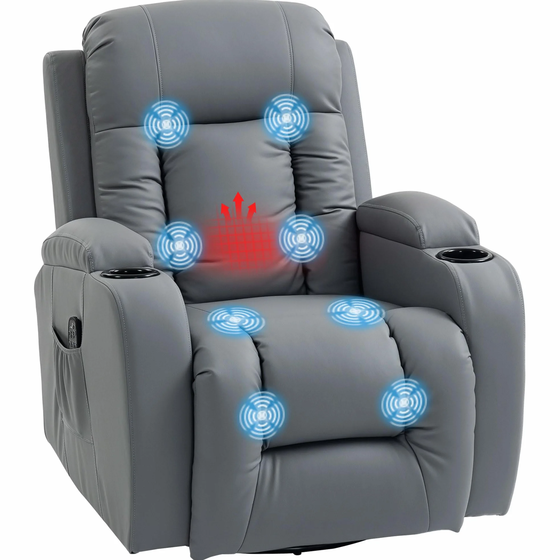 HOMCOM Sillón de Masaje Giratorio, Sillón Relax Reclinable con 8 Puntos de Masaje, Función Calefacción Lumbar, Mando a Distancia, Tapizado en PU, Reposapiés, Bolsillo Lateral, Función Basculante Gris