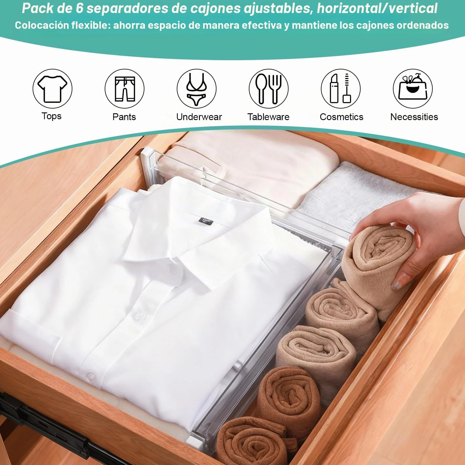 6 Piezas Separador Cajones Ajustable, Transparentes Separadores de Cajones, de 28,7 A 50,5 cm de Largo, Divisores de Cajones para Cocina, Dormitorio, Oficina, Escritorio y Cómoda