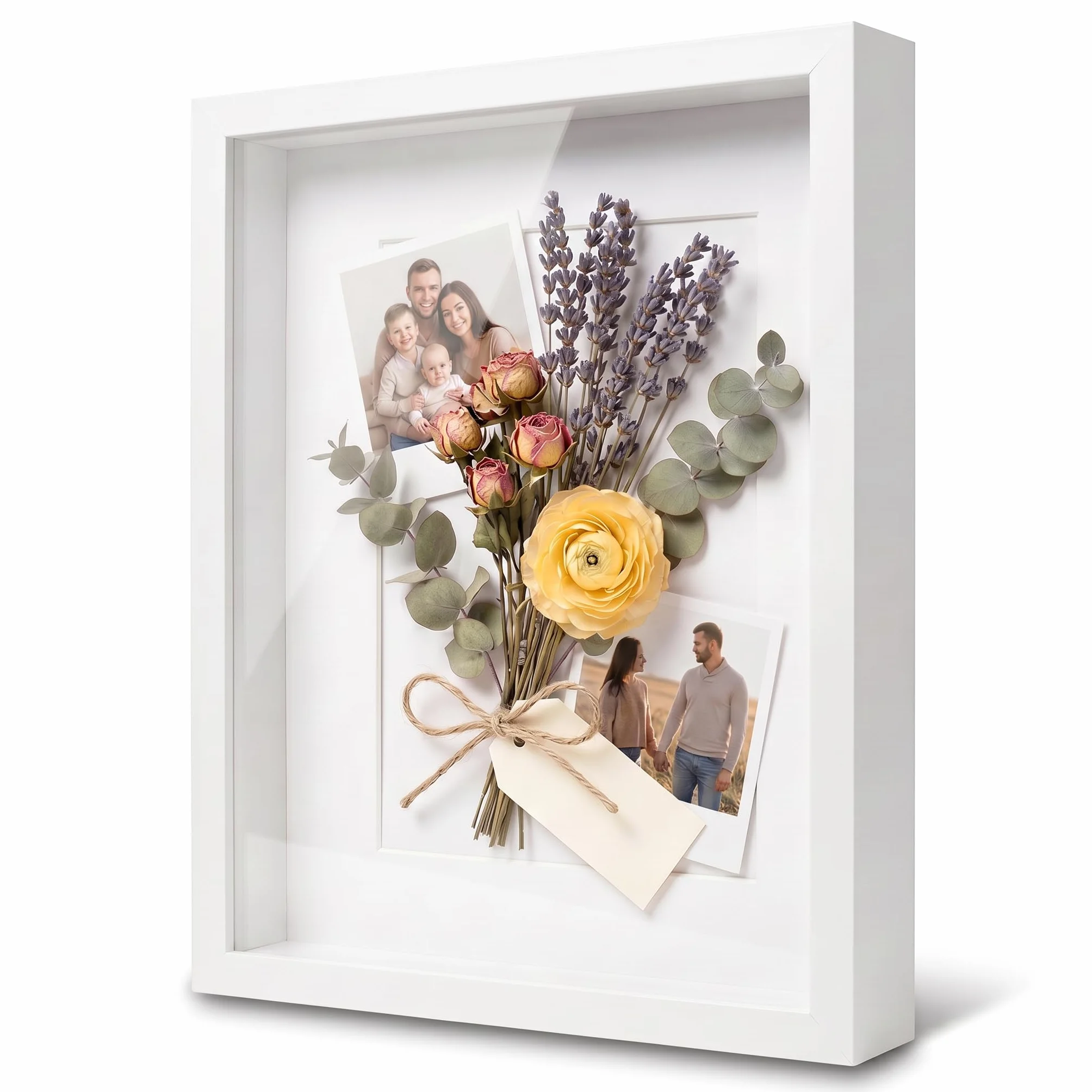 PHOTOLINI 3D Marco de fotos 40x50 cm para rellenar, blanco, marco con profundidad para objetos de hasta 3 cm, madera MDF con paspartú y cristal - para manualidades y como regalo