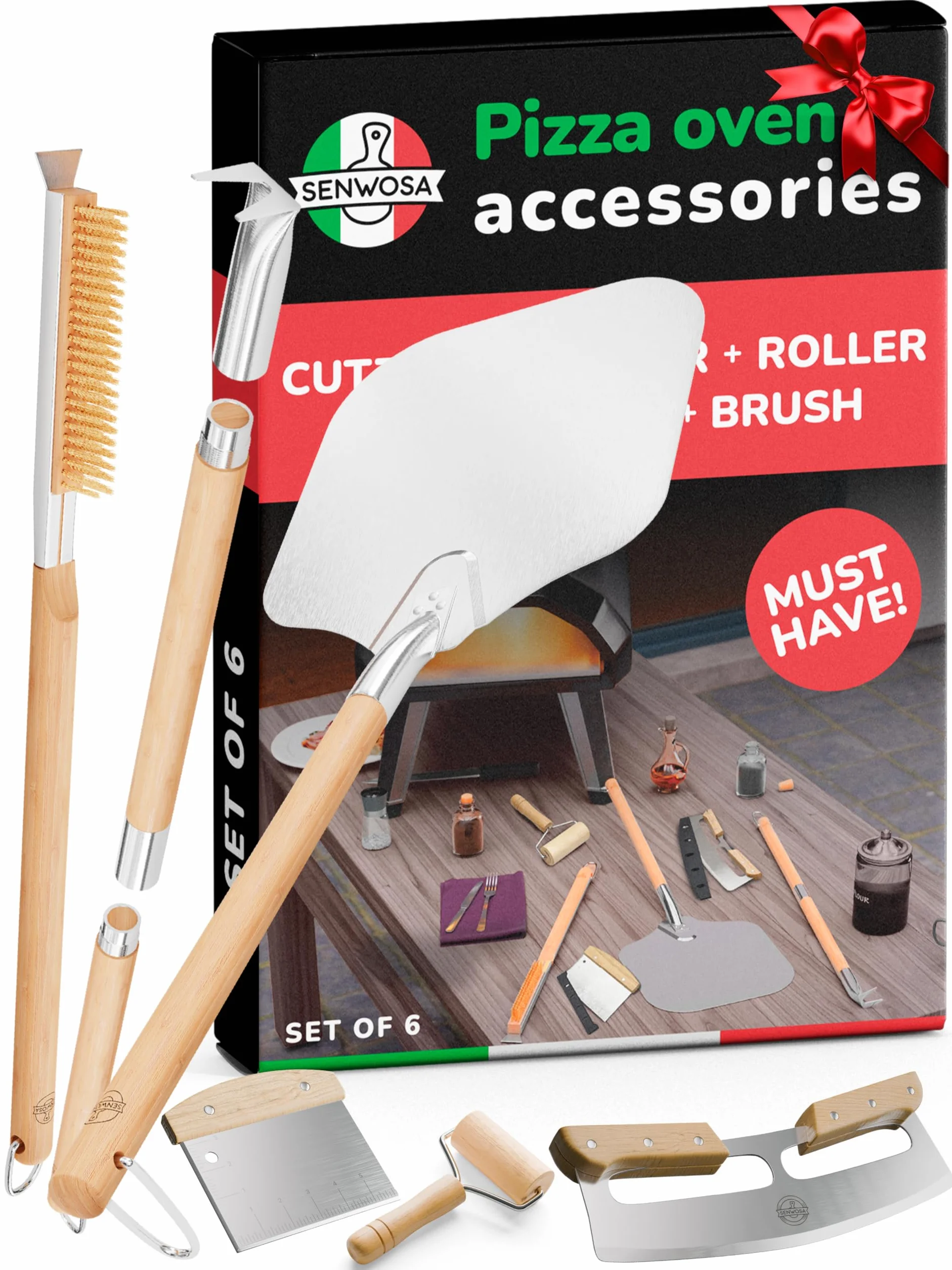 Senwosa Kit de accesorios para horno de pizza de alta calidad, juego de 6 piezas para hacer pizza en casa: incluye pala de pizza, cepillo para horno, volteador de burbujas, cortador basculante
