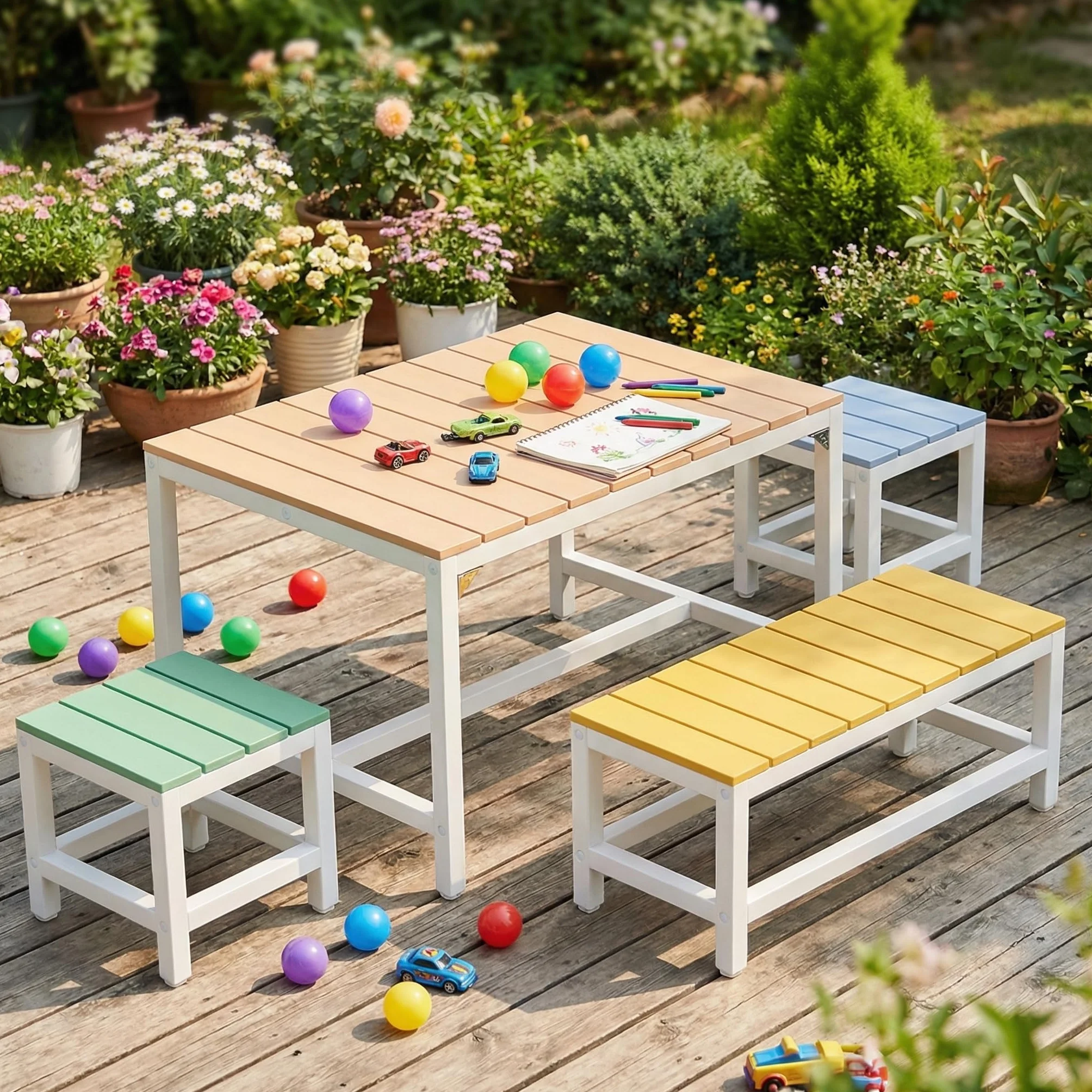 MAMIZO Mesa y Sillas de Terraza Infantiles de Madera con Cubierta Impermeable, 2 PCS Taburetes para Niños 3+