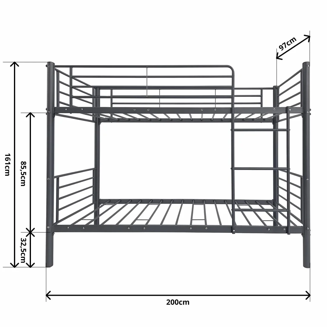 Litera Metálica Doble 200x97x161 cm Cama Infantil y Juvenil con Escalera Lateral y Barandilla de Seguridad para Dormitorio