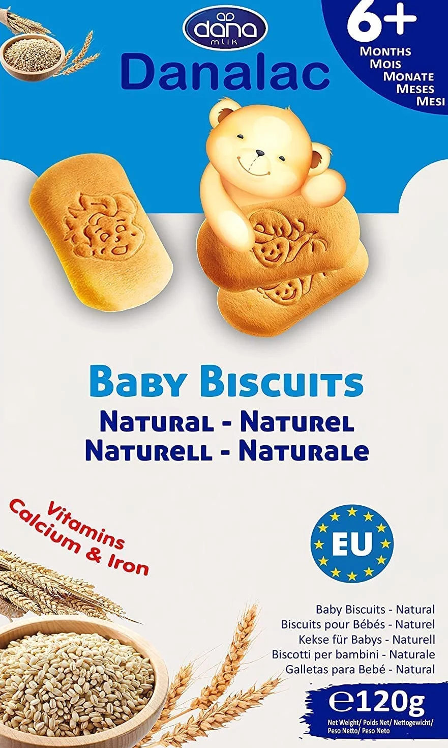 DANALAC Galletas de bebé 120g Paquete combinado 2 plátano 2 cacao 2 natural Aperitivos niños 6 meses calcio hierro vitaminas