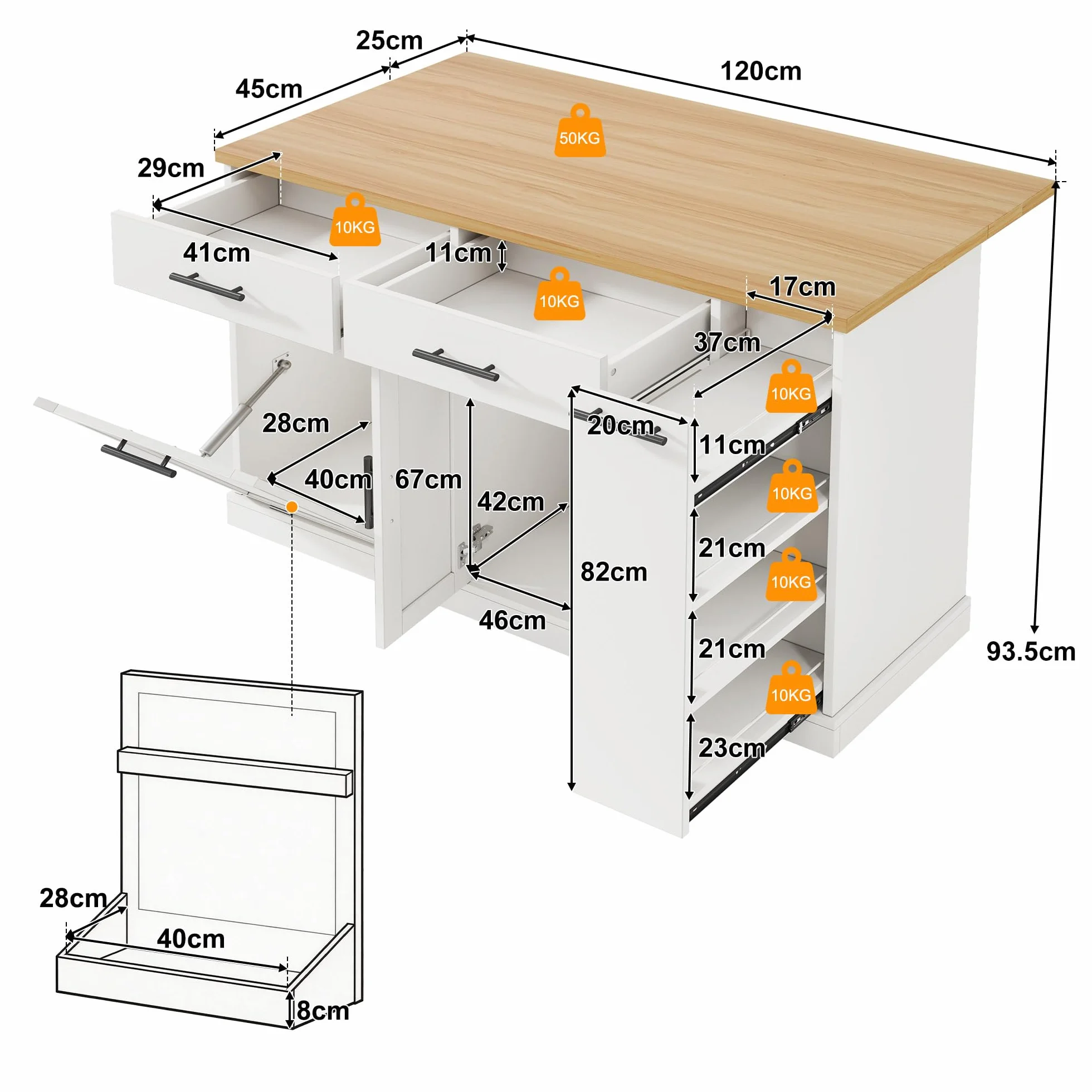 Isla de cocina con encimera plegable, armario de basura y ruedas con bloqueo, estante para especias de 4 niveles, 2 cajones, 120 × 45 (70) × 93 cm, color blanco