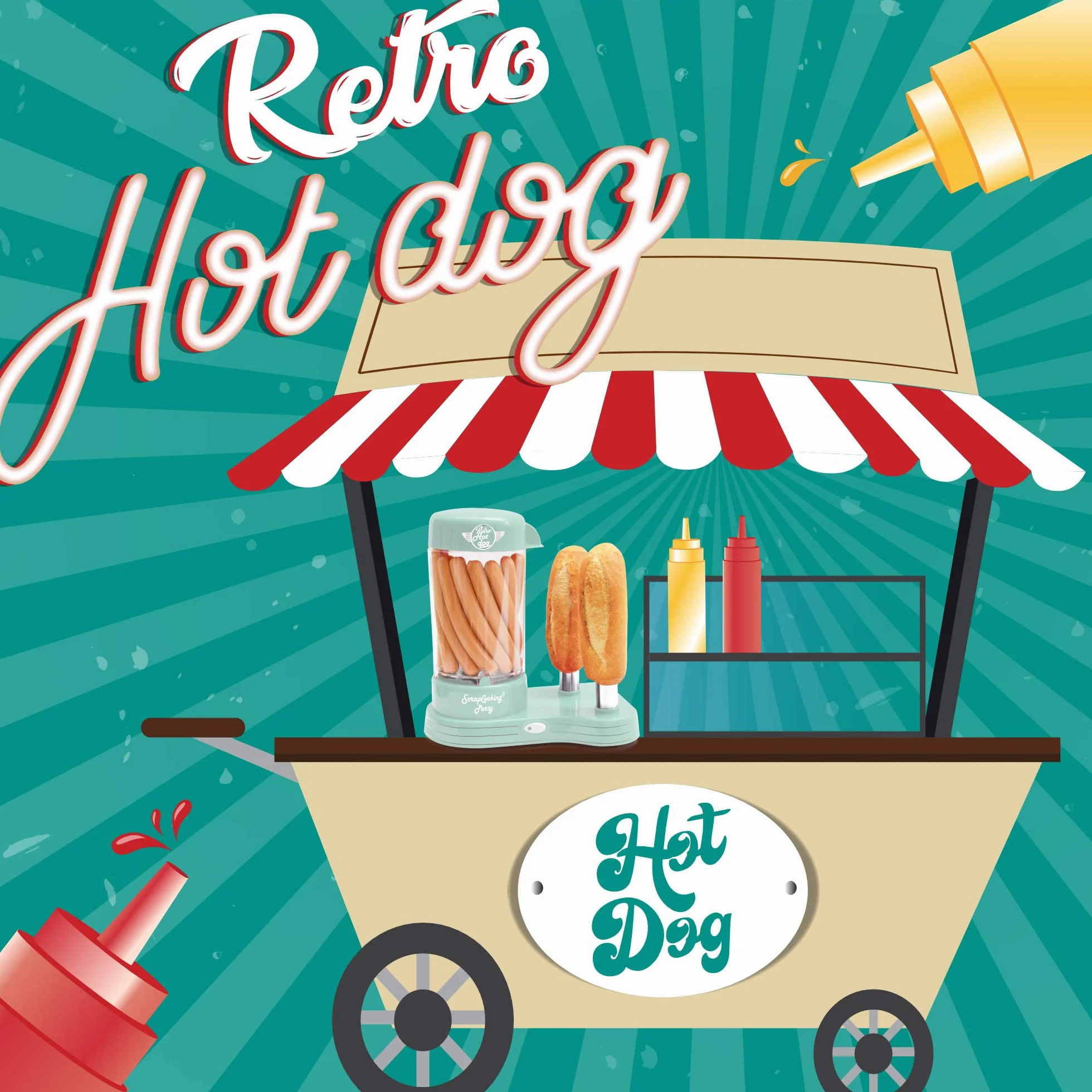 ScrapCooking - Máquina para Perritos Calientes - Máquina para Hacer Auténticos Hot Dogs U.S. - Capacidad para 12 Salchichas y 2 Panes - Estilo Retro Vintage para Fiestas, Barbacoas - Verde - 0601