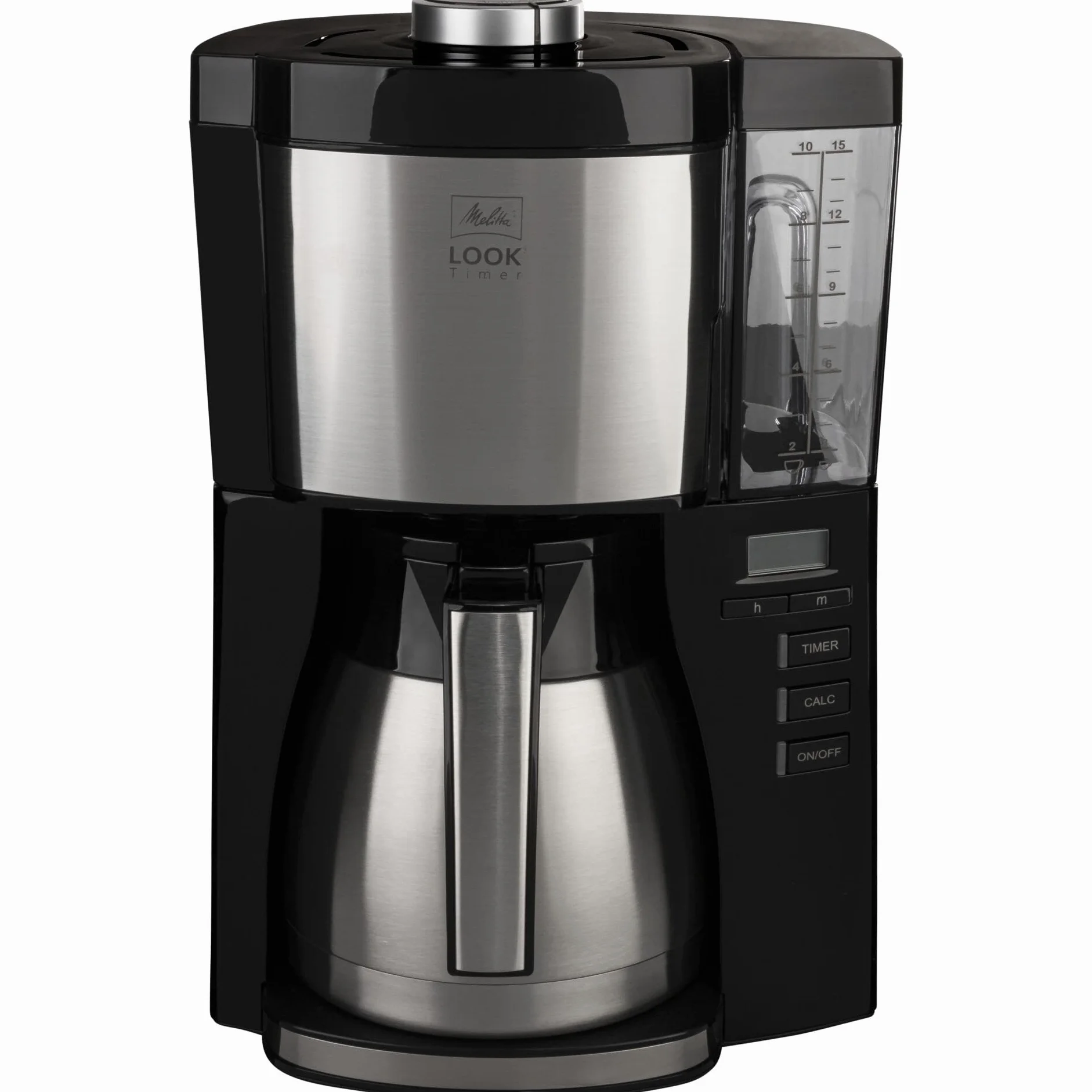 Melitta Look V Timer 1025-18 - Cafetera de goteo con jarra de acero inoxidable, cafetera de filtro con temporizador, máquina de café para 10 tazas con protección antical, negro