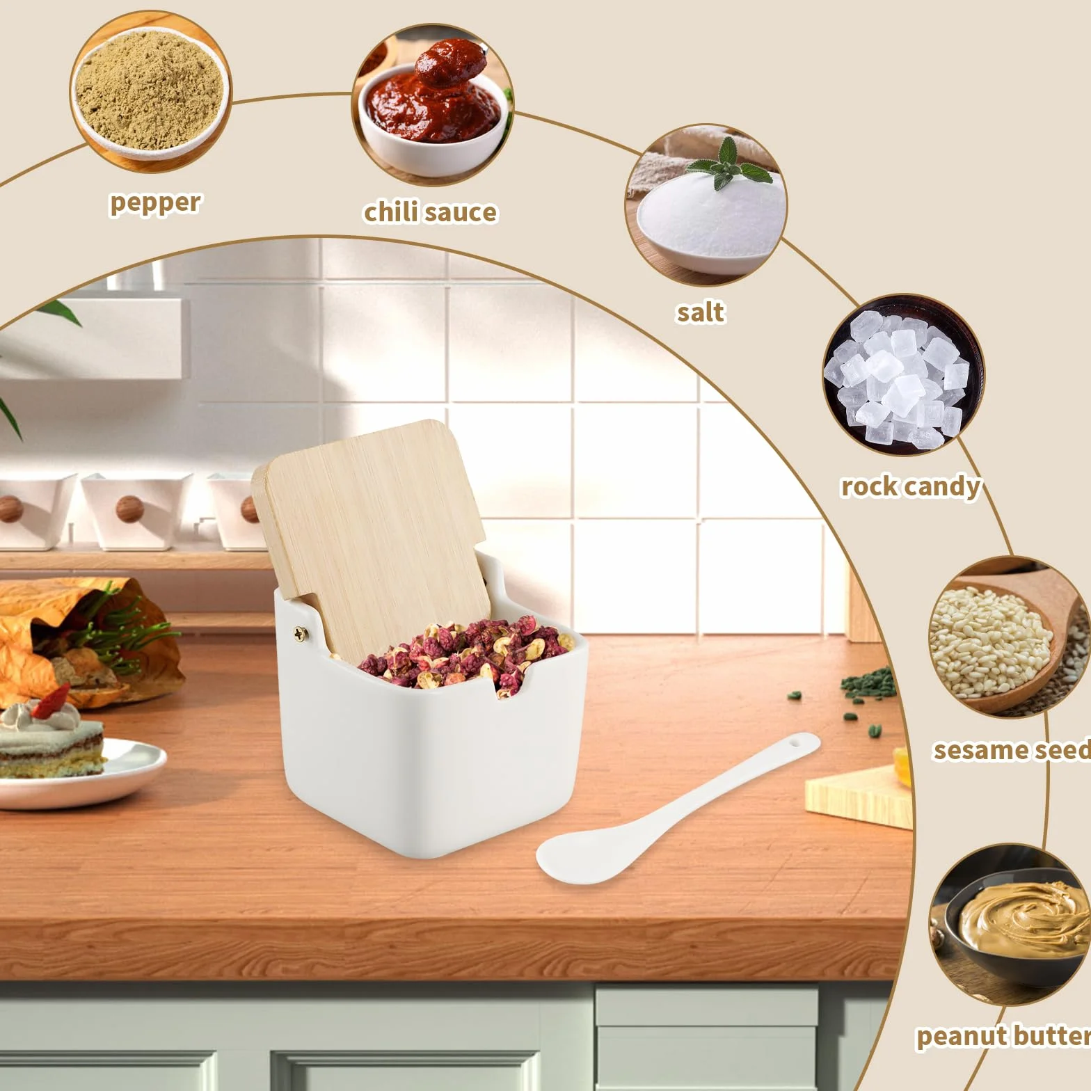 Azucarero, contenedor de sal de cerámica, para condimentos, tarros de especias con tapa de bambú y cuchara de cerámica para el hogar y la cocina (A)