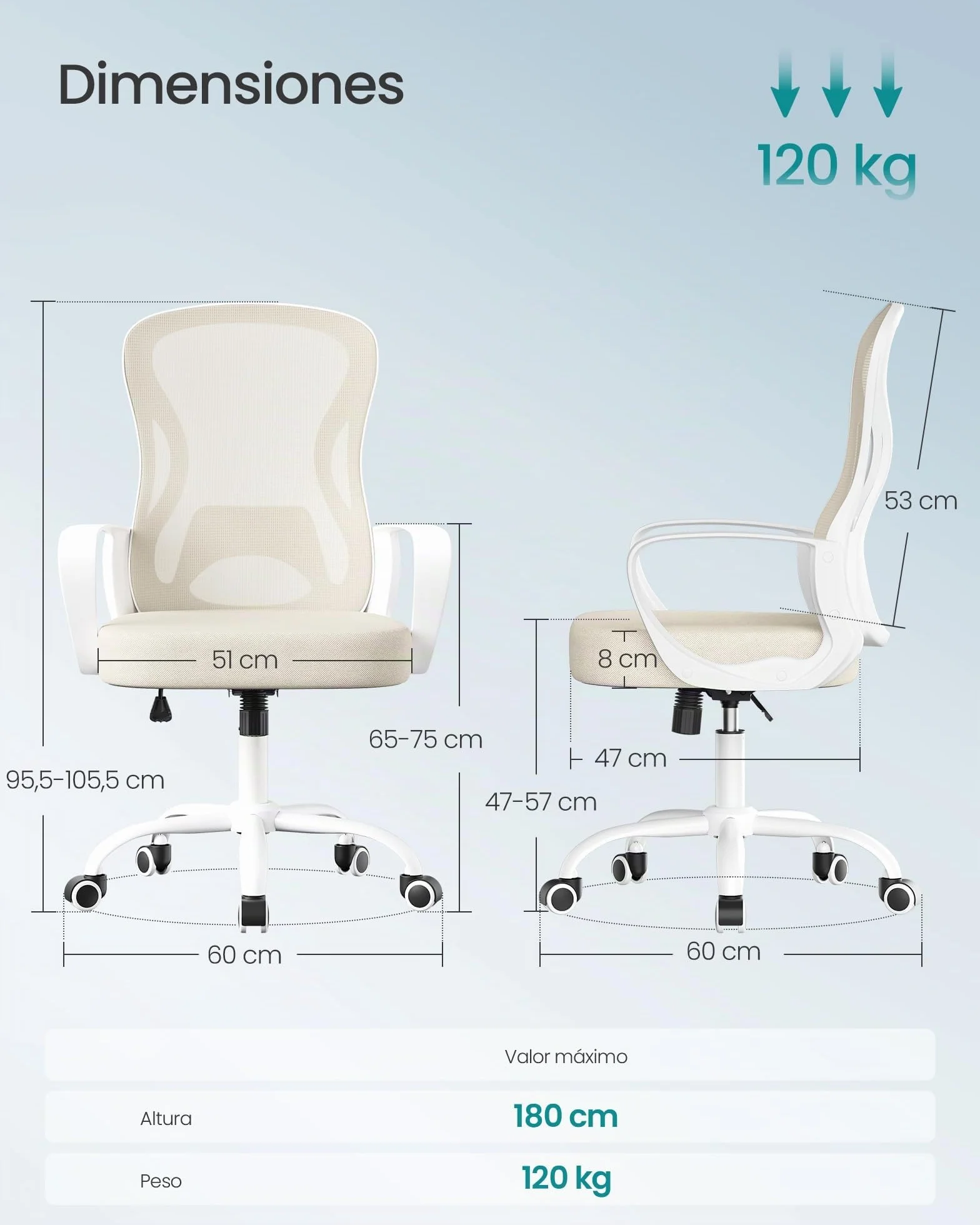 SONGMICS Silla de Oficina Ergonómica de Malla con Soporte Lumbar, Giratoria, Beige Capuchino y Blanco Nube