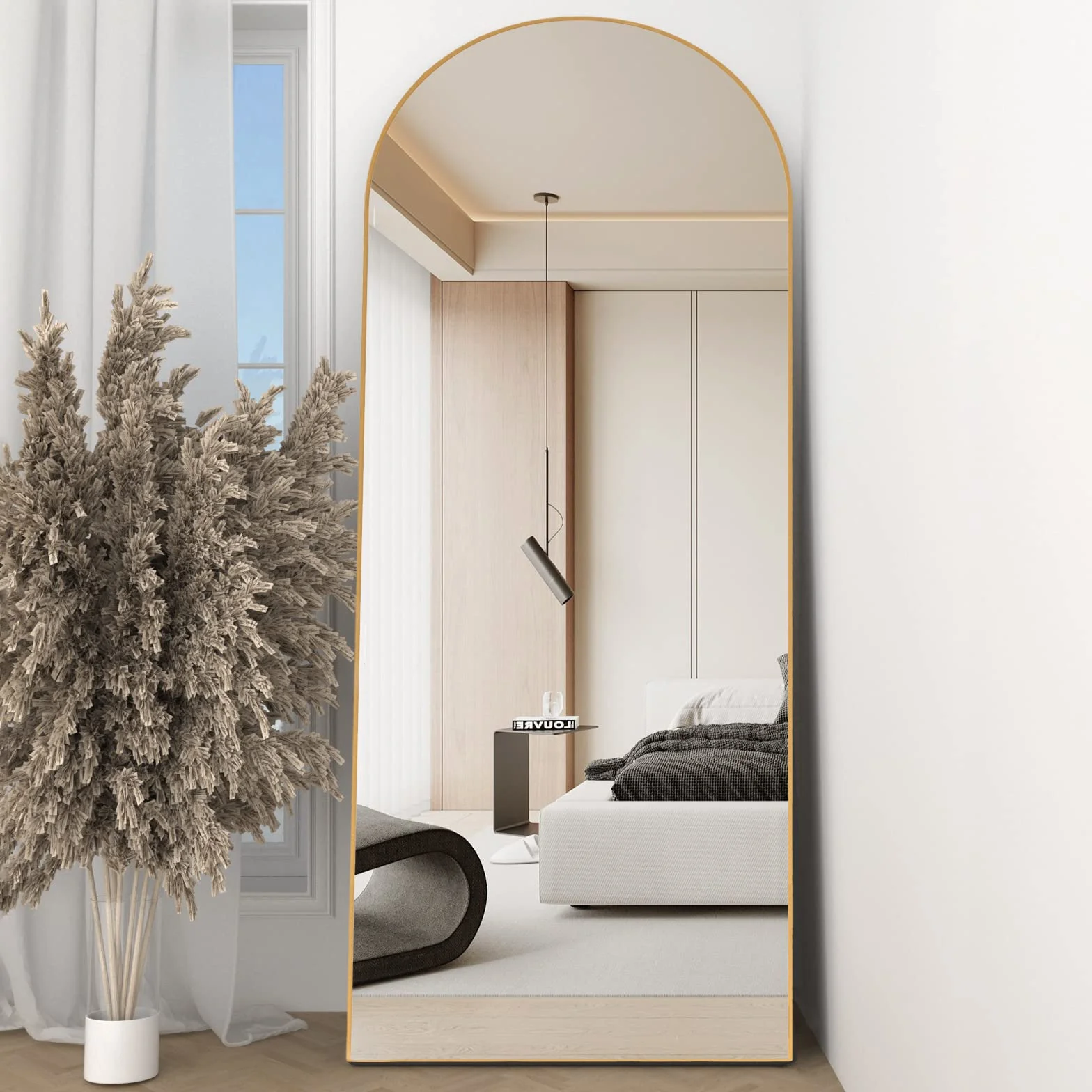 Arqueado Espejo de Cuerpo Entero, 162X53cm Espejo de Suelo arqueado con Soporte, Espejo de Pared Grande, Dorado Colgado de pie o apoyado contra la Pared para Entrada de Dormitorio