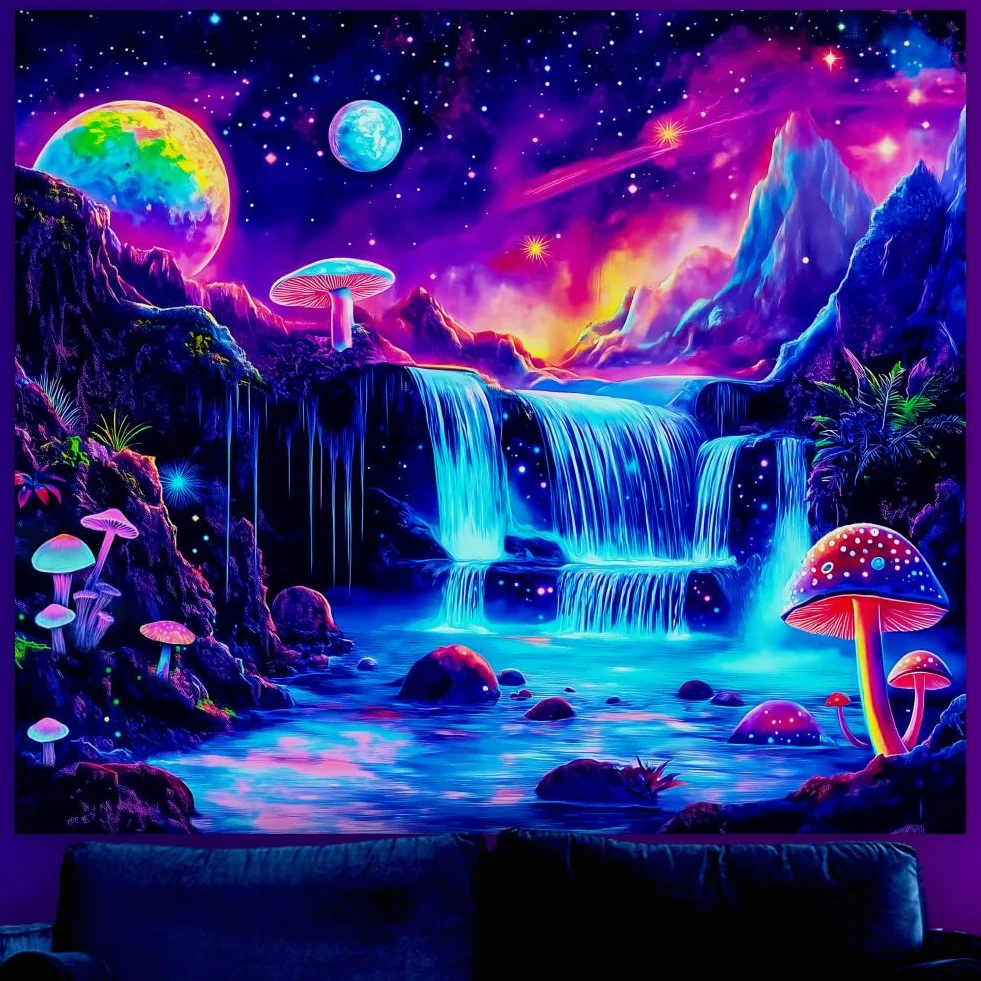 WEBEEDY Glow In The Dark Waterfall Tapestry Lila Galaxy 130 x 150 cm