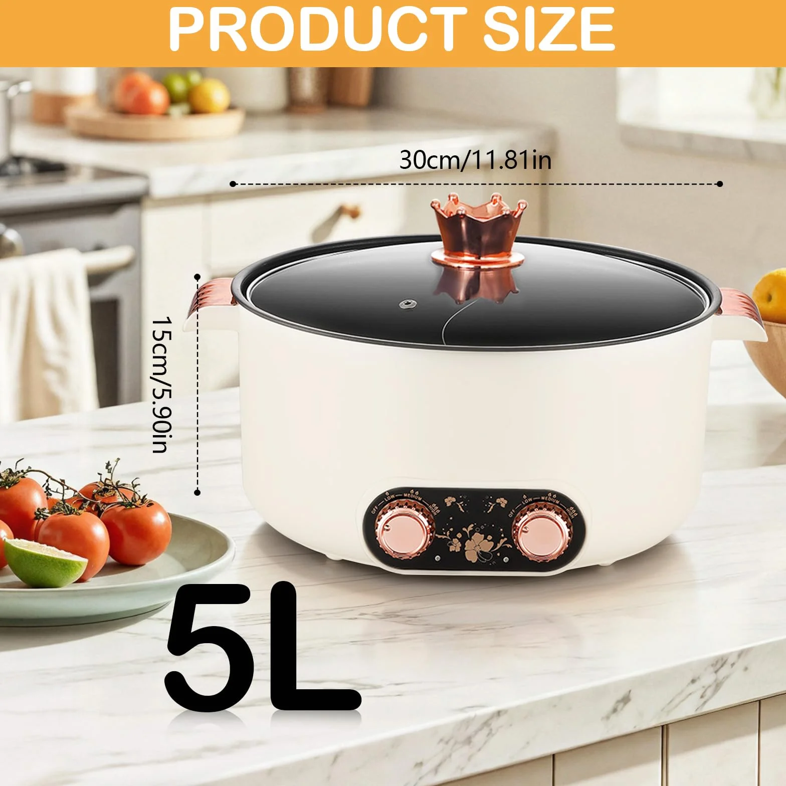 Olla eléctrica de 5 L Antiadherente Crockpot 1350 W 3 Ajustes de Potencia para Cocinar Guisos y Sopa