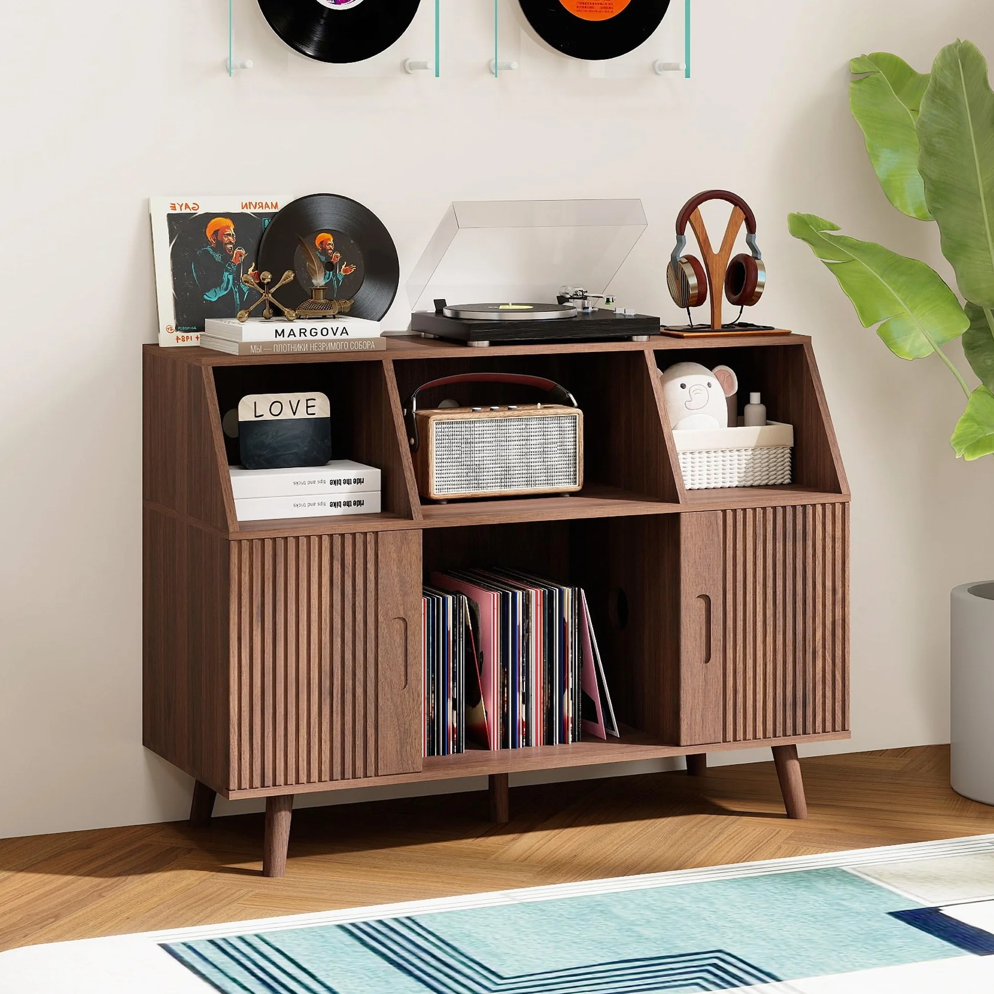 Mueble para Tocadiscos y Vinilos en Madera, Armario y Estantería Grande con Capacidad hasta 350 Vinilos, Soporte Tocadiscos Estilo Vintage Mid-Century para Salón o Dormitorio