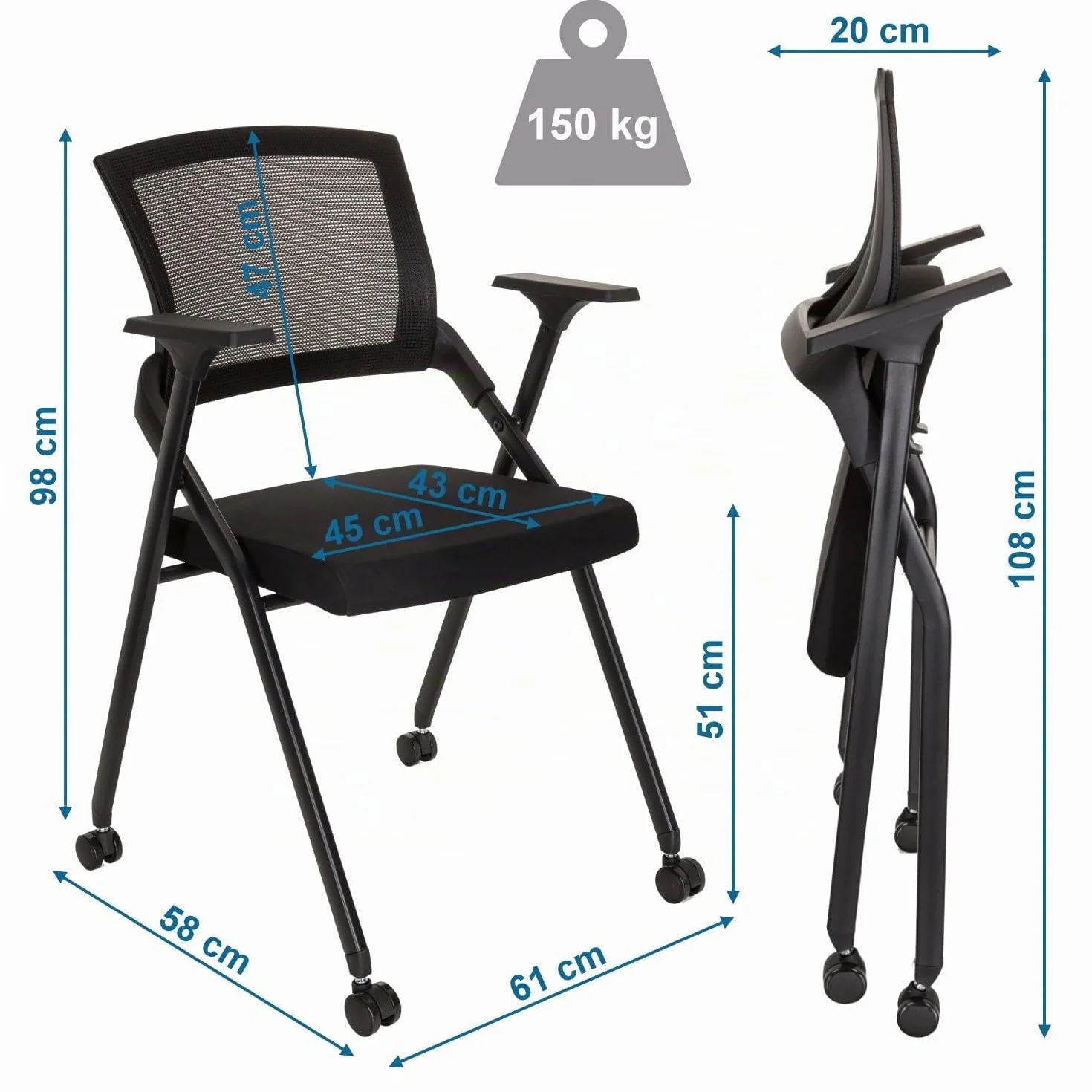 Silla Plegable Priority II Tela y Malla Negro 150 kg Ruedas