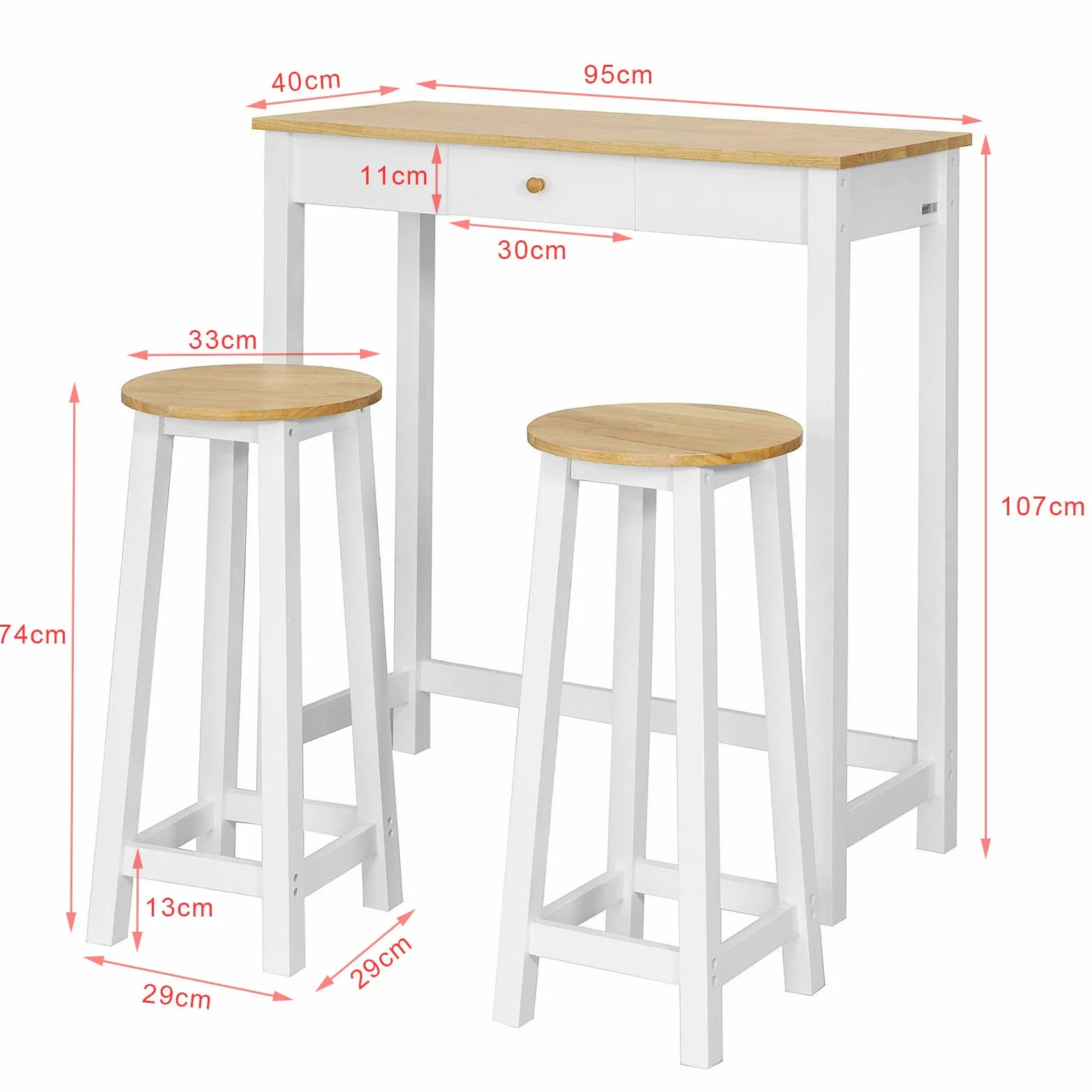 SoBuy Juego de Mesa Alta para Comedor, Conjunto de Bar con 2 Taburetes, Mesa de Cocina Moderna Ideal para Espacios Reducidos FWT50-WN