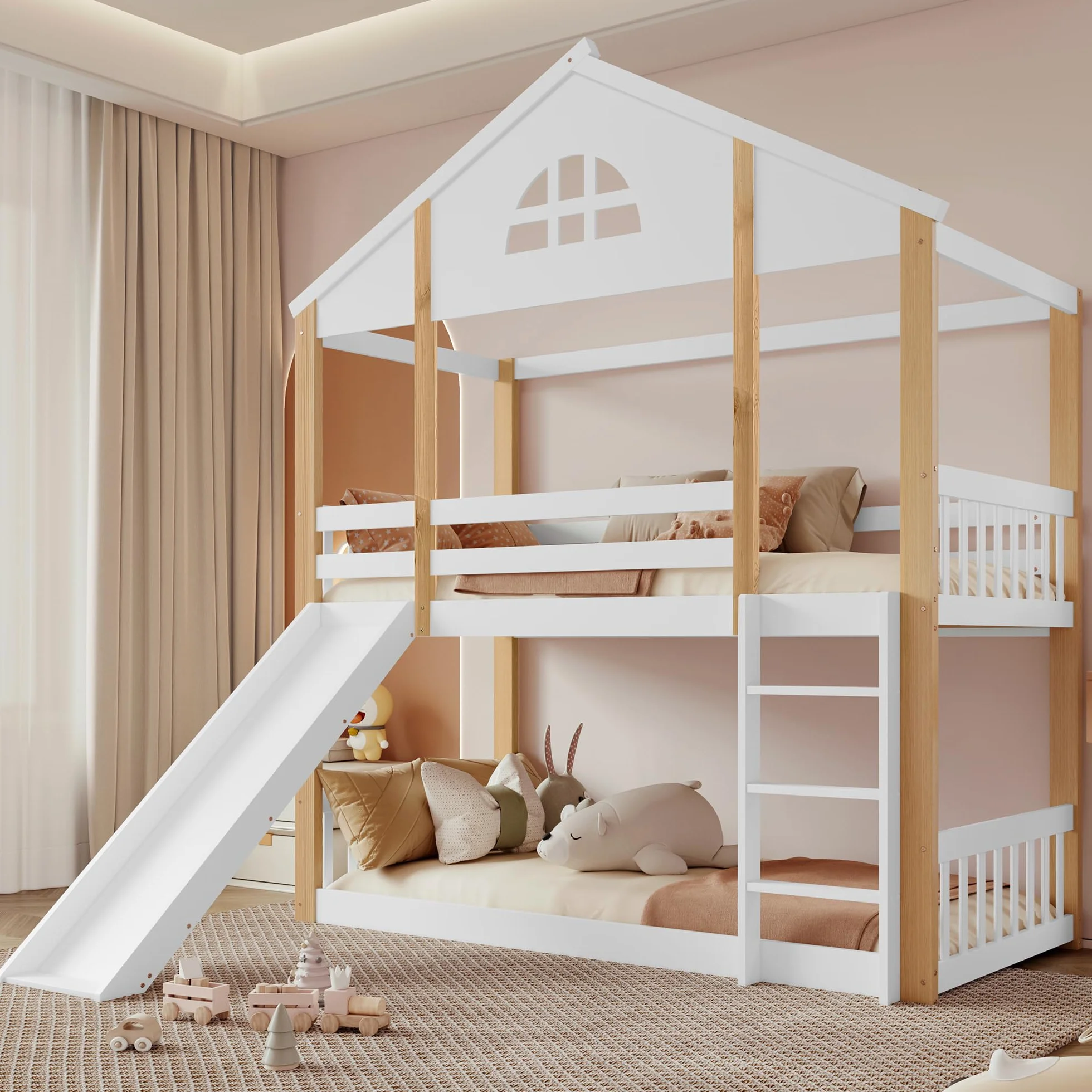 Soweiz Litera Infantil con Tobogán y Escalera, Cama Alta Casa de Madera, 90x200 cm