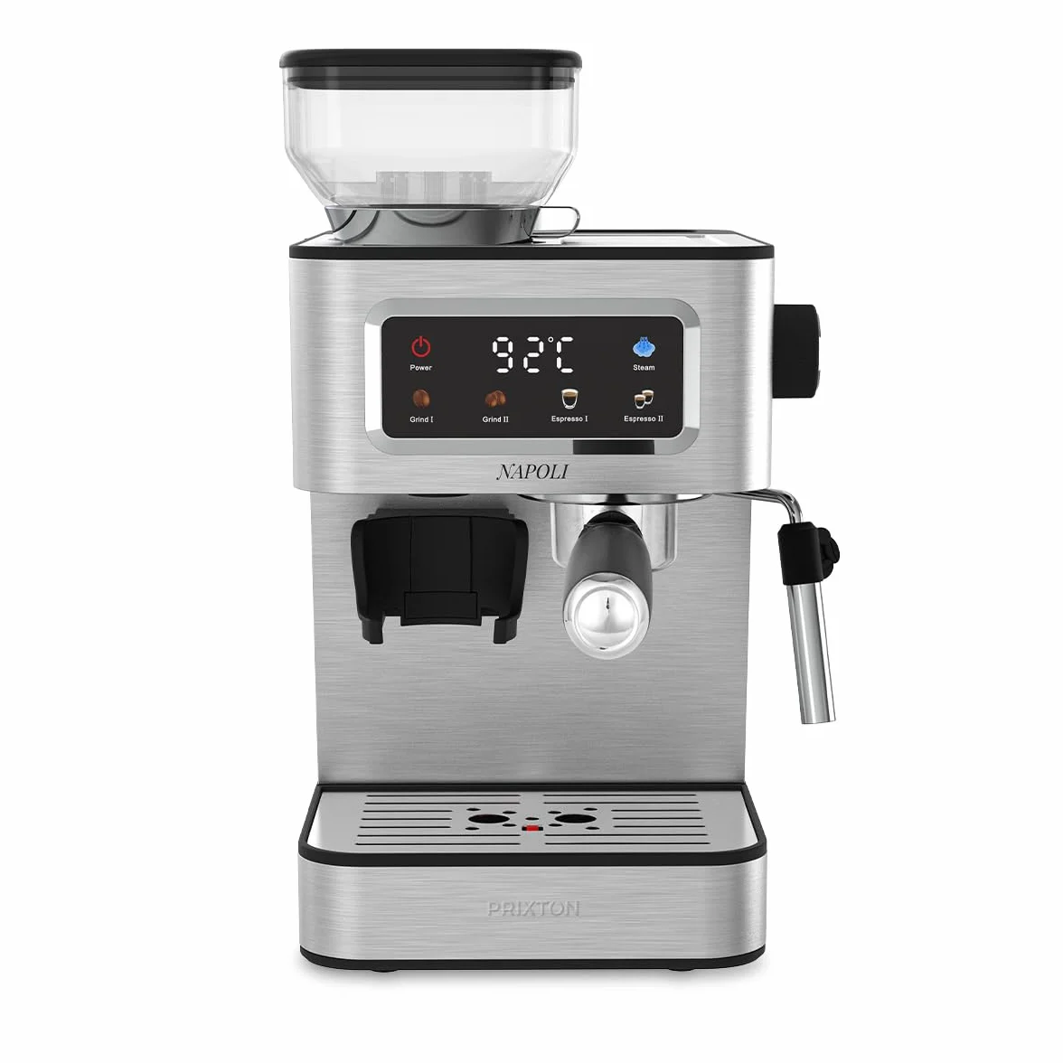 PRIXTON Cafetera Espresso Napoli con Molinillo Integrado 22 Niveles, 20 Bares, 1350W, Filtro de Doble Salida, Vaporizador ajustable, Compatible con Café en Grano, Molido y Cápsulas (Reacondicionado)