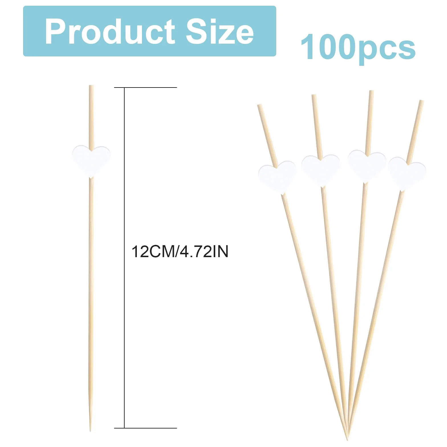 Palillos Decorativos Corazón Blanco 100 uds para Aperitivos, Cócteles, Frutas y Buffet