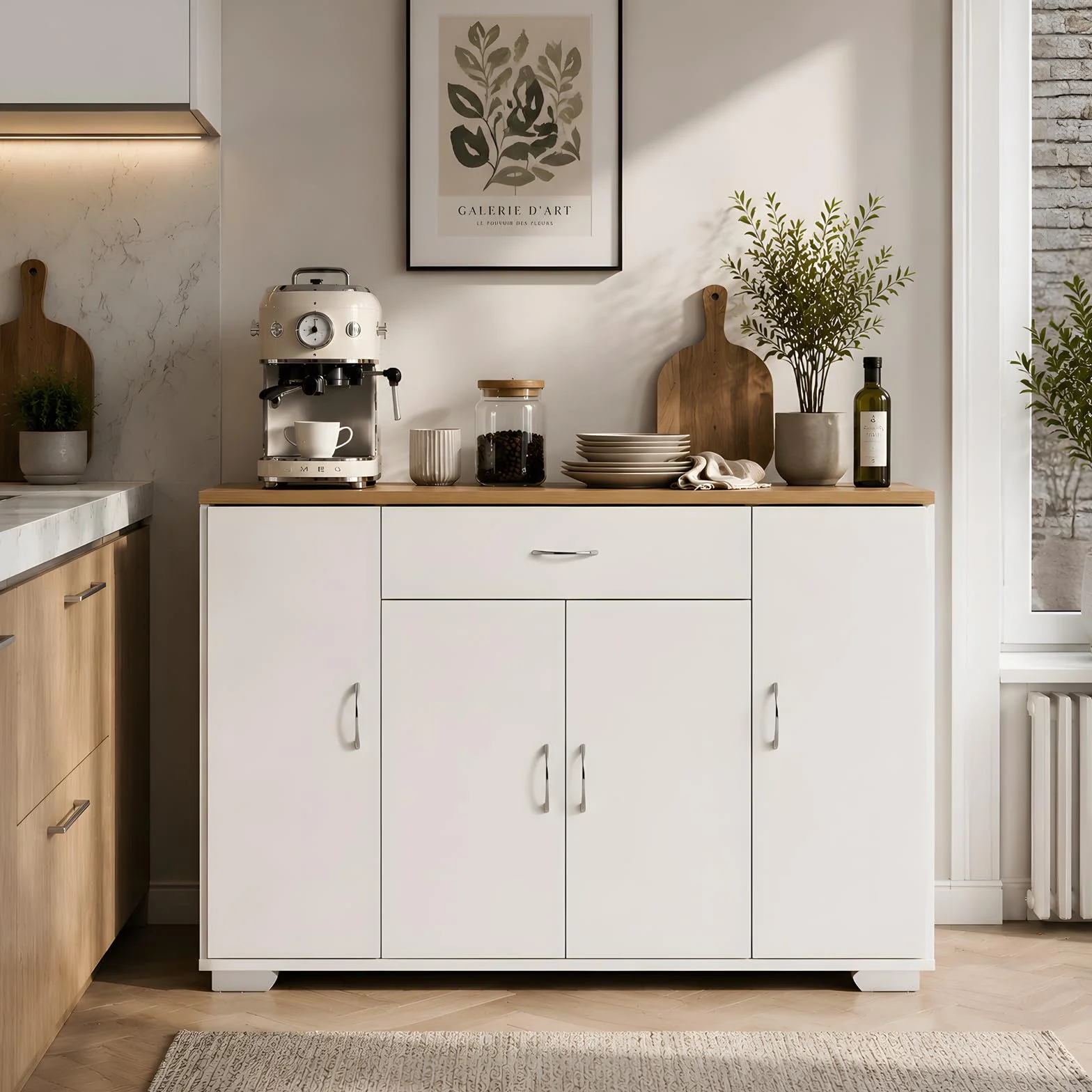 Aparador Comedor Moderno 110x30x70cm, Mueble Auxiliar Estrecho con 4 Puertas y 1 Cajón, Consola Almacenaje Blanco y Roble para Salón, Pasillo, Rincón de Café