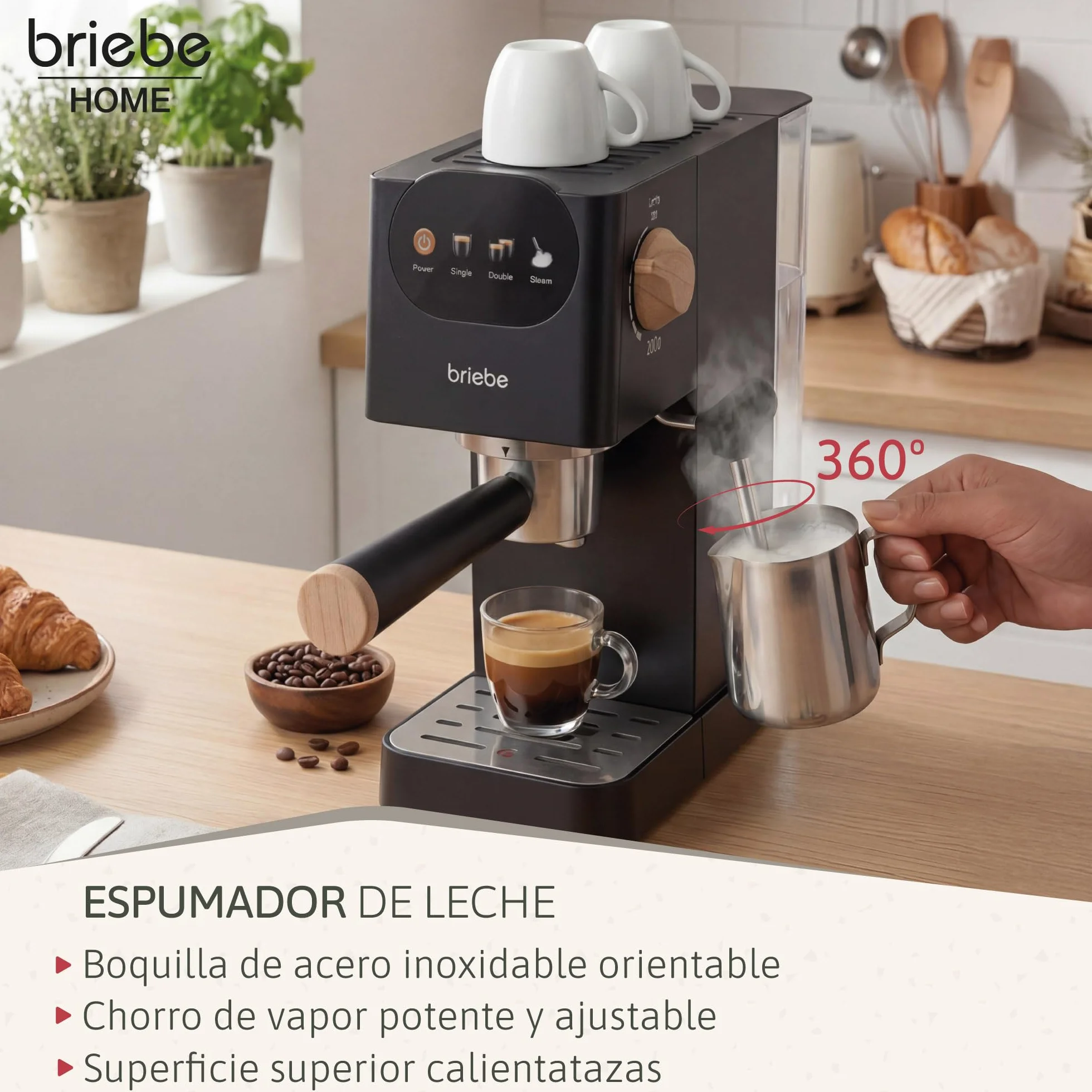 briebe Nordic Cafetera Espresso 20 Bares Compatible Cápsulas Nespresso y Café Molido, Máquina Café Semiautomática Profesional 1350W, Espumador Leche, Pantalla Táctil, 1,2L, Diseño Nórdico, Negro