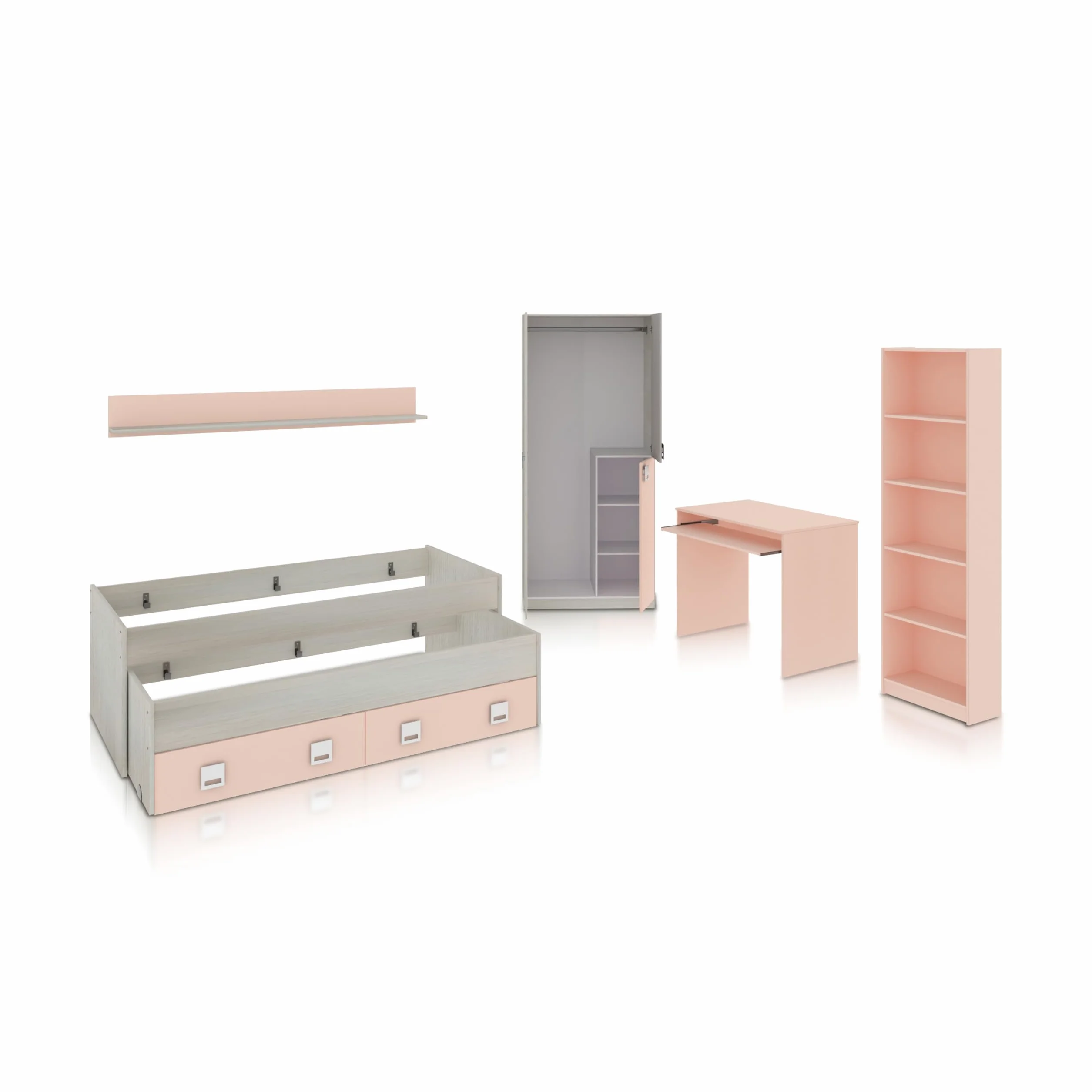 duehome | Pack de Dormitorio Juvenial con Cama Nido Juvenil, Armario, Escritorio y Estantería, Conjunto de Dormitorio Infantil, Modelo Kenia MAX, Acabado en Blanco Alpes, Rosa Pastel y Gris