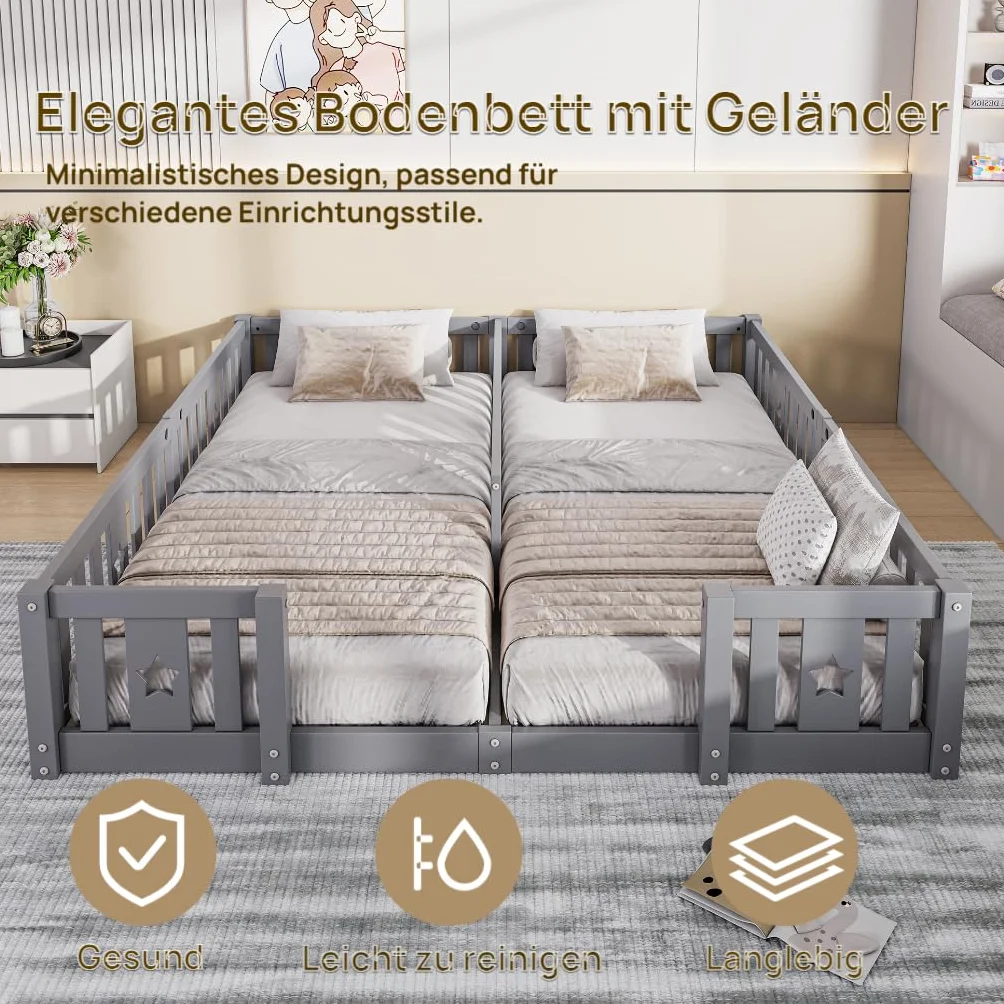 Cama infantil 180x200 cm madera protección anticaídas somier doble juvenil diseño escandinavo gris