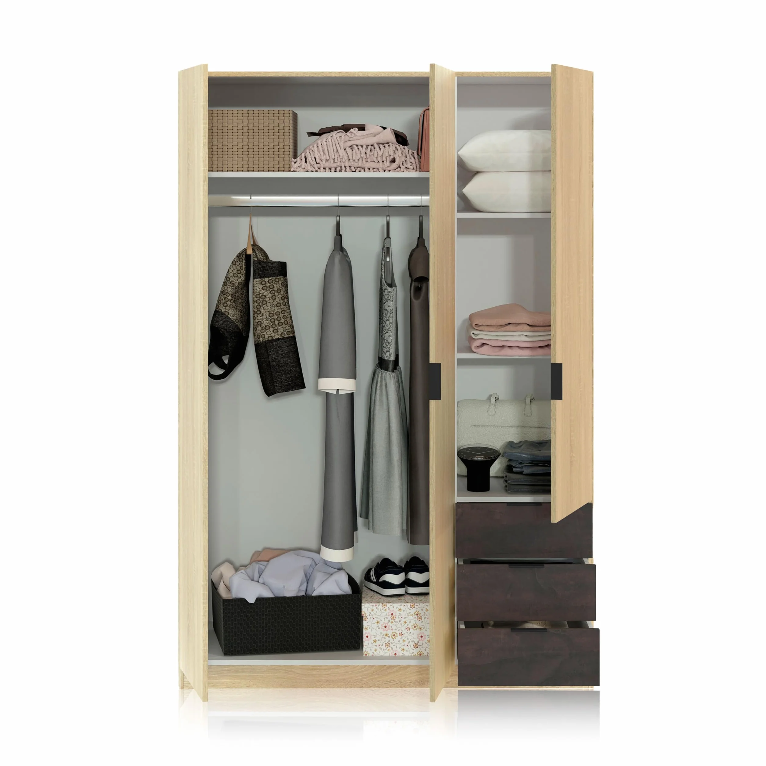 duehome | Armario de 3 Puertas y 3 Cajones, Armario para Dormitorio, Modelo Hexa, Acabado en Roble Canadian y Oxido, Medidas: 121 cm (Largo) x 180 cm (Alto) x 52 cm (Fondo)