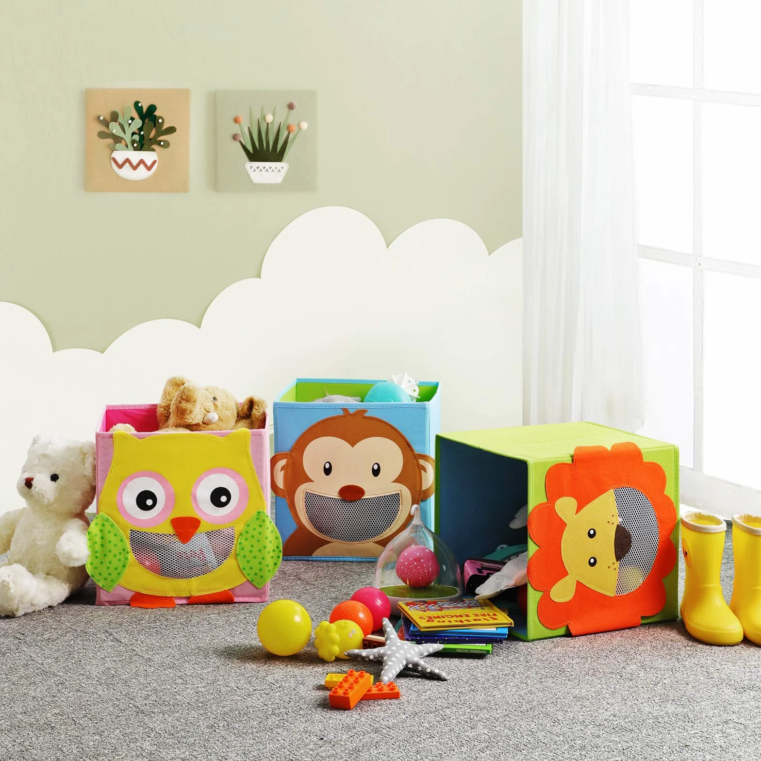 SONGMICS Juego de 3 Cajas de Almacenamiento, Cajas de Juguetes, Cubos plegables,para Salón, Habitación Infantil, 27 x 27 x 27 cm, Colorido RFB01KU
