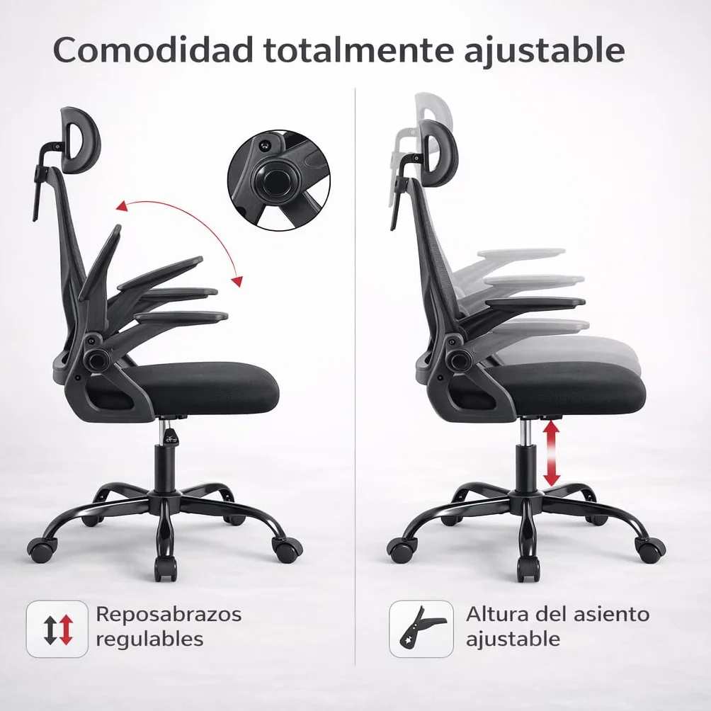 Silla de Oficina Ergonómica con Ruedas Reposacabezas Reposabrazos Ajustables Soporte Lumbar Respaldo de Malla Transpirable Altura Regulable