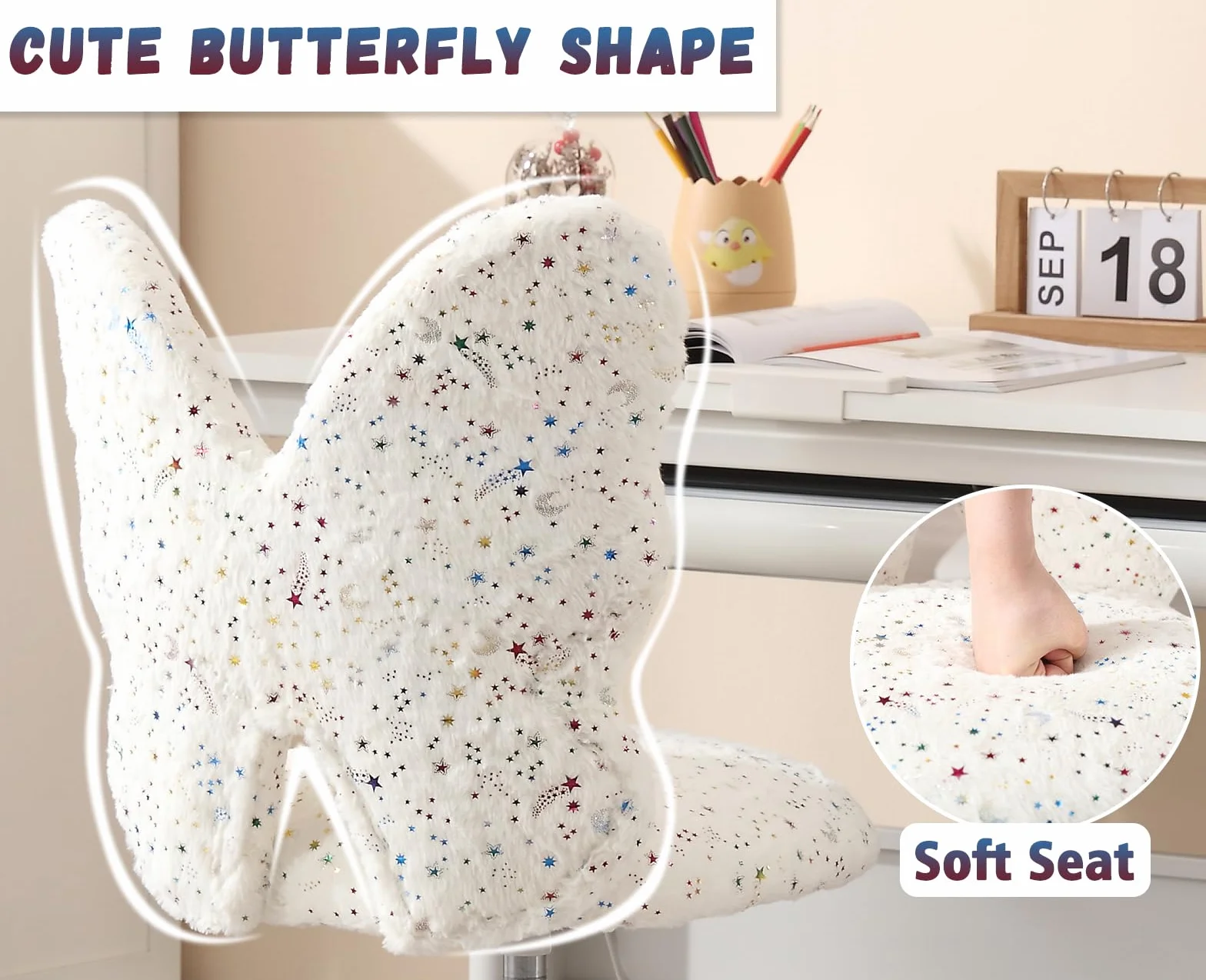 chairus Silla de Escritorio Infantil de Lana Sintética Silla Giratorio de Estudio con Forma de Mariposa, Silla Estudiante Habitación con Ruedas Silenciosas para Niños/Juvenil, Blanco