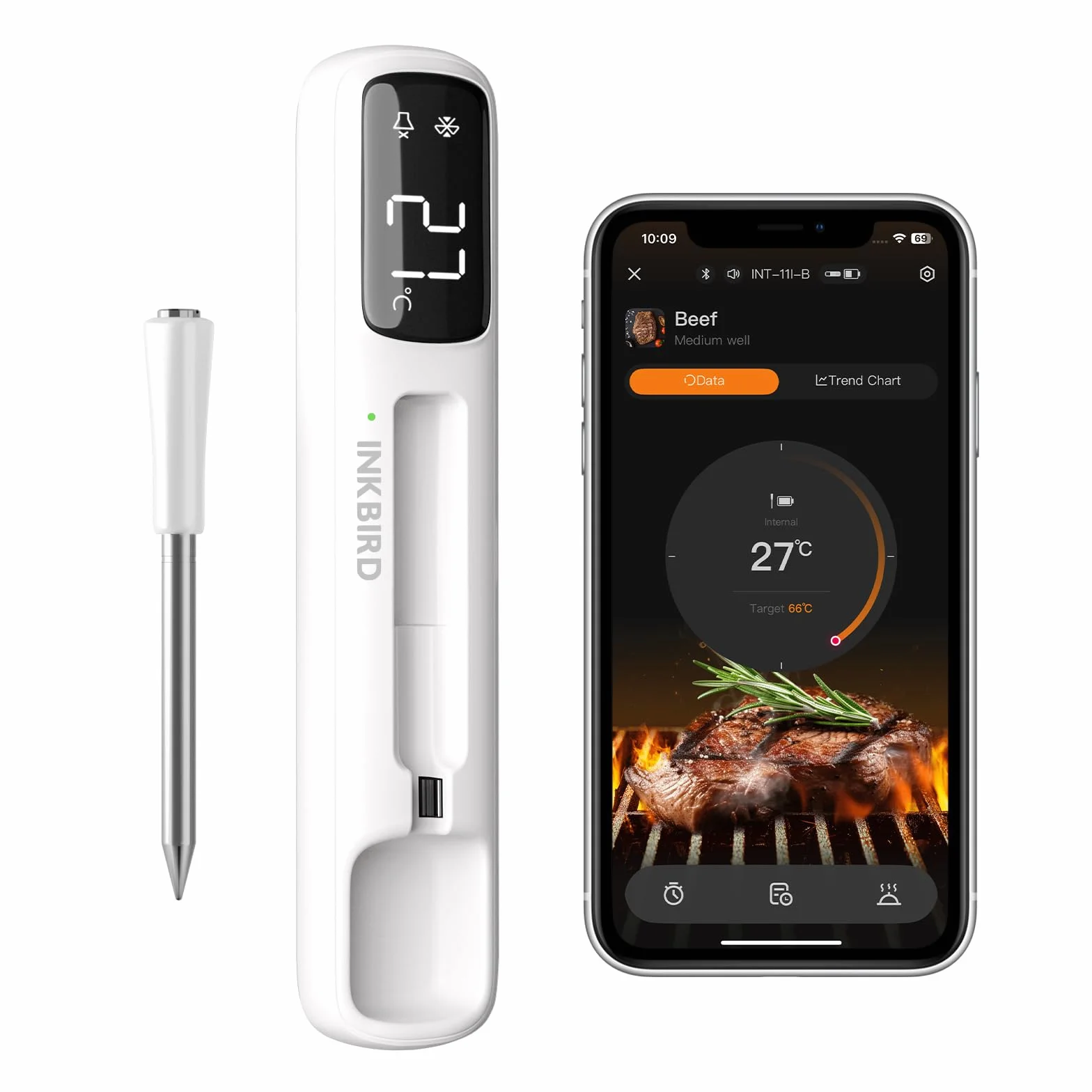 Inkbird INT-11I-B Mini termómetro de carne inalámbrico con pantalla LCD Bluetooth 5.4 con alcance de 305 m, impermeable IP67 para horno, barbacoa, ahumador, horno