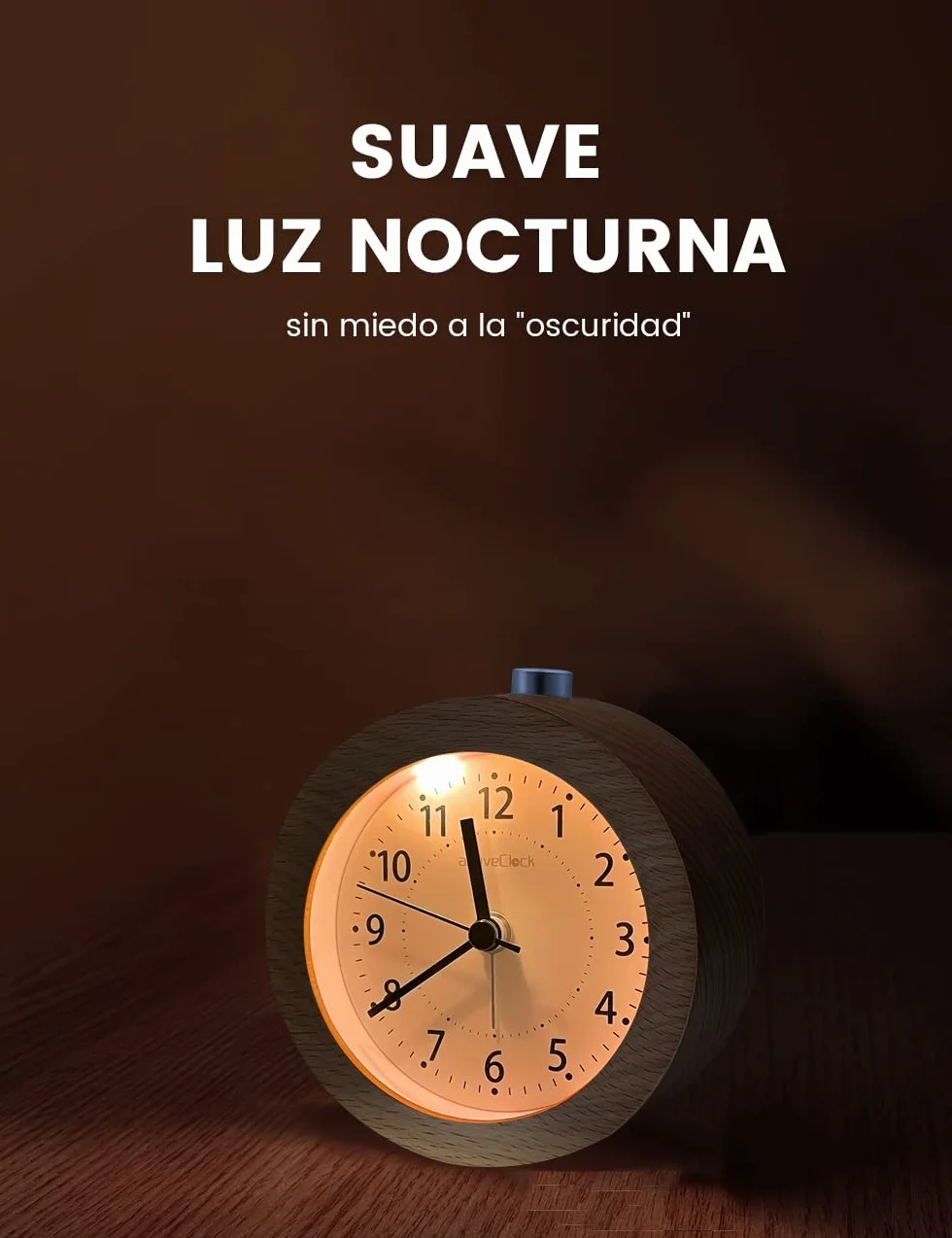 aboveClock Reloj Despertador Analógico Madera con Snooze y Luz - Marrón Claro