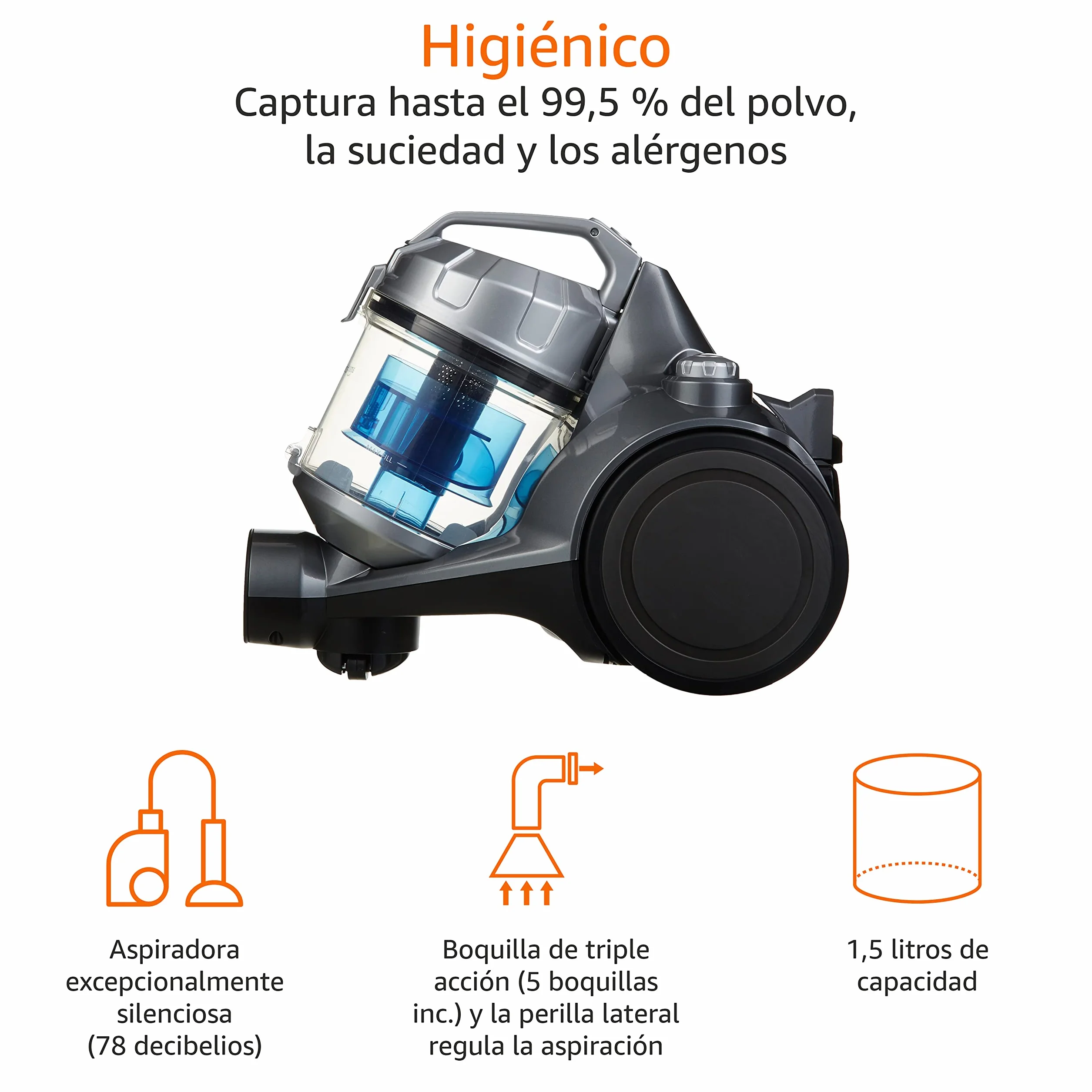 Amazon Basics Potente aspirador de cilindro sin bolsa, para suelos duros y alfombras, filtro HEPA, compacto y ligero, 700 W, 1,5 l (UE), Negro