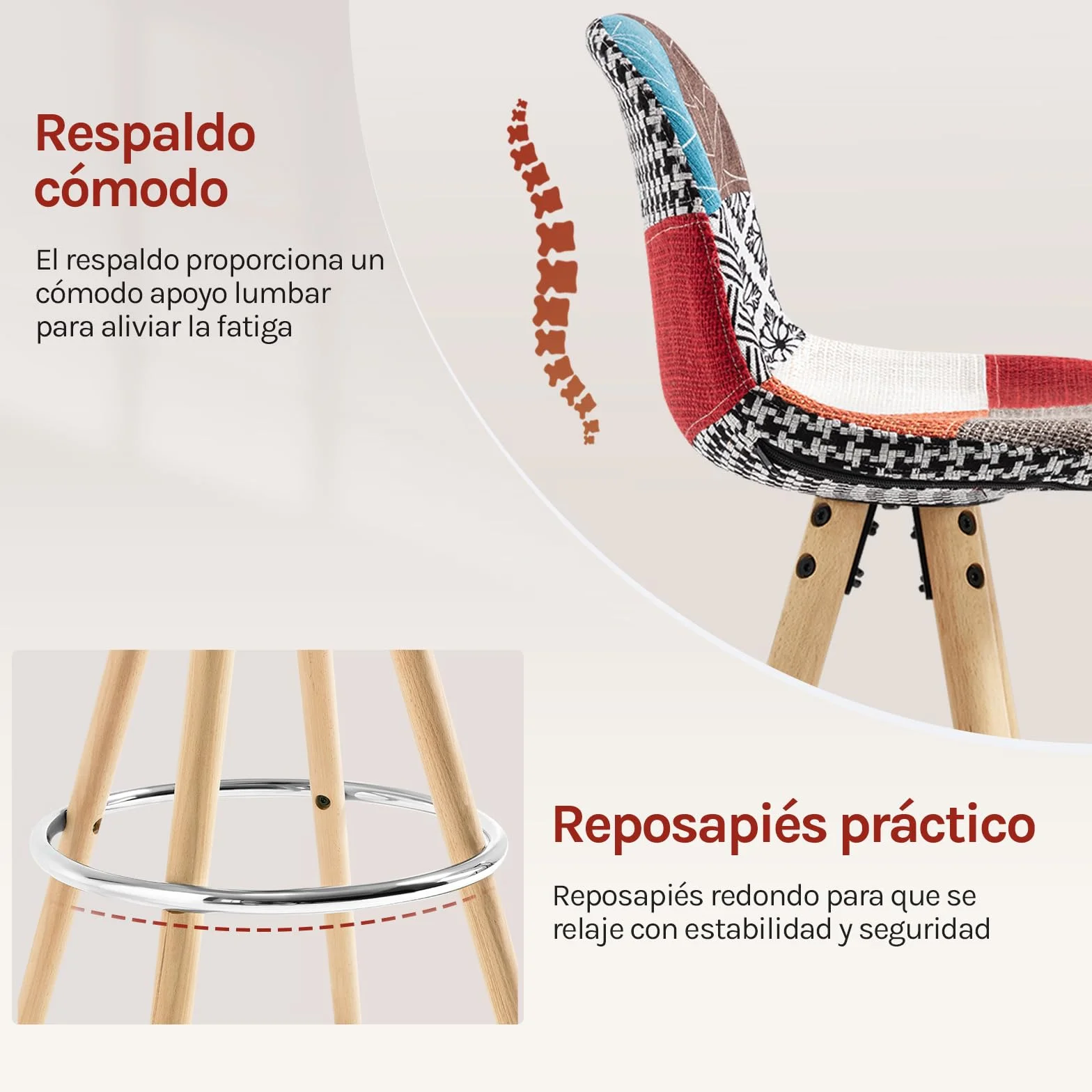 WOLTU Juego de 2 Taburetes de Bar con Respaldo y Reposapiés, Tela, Multicolor