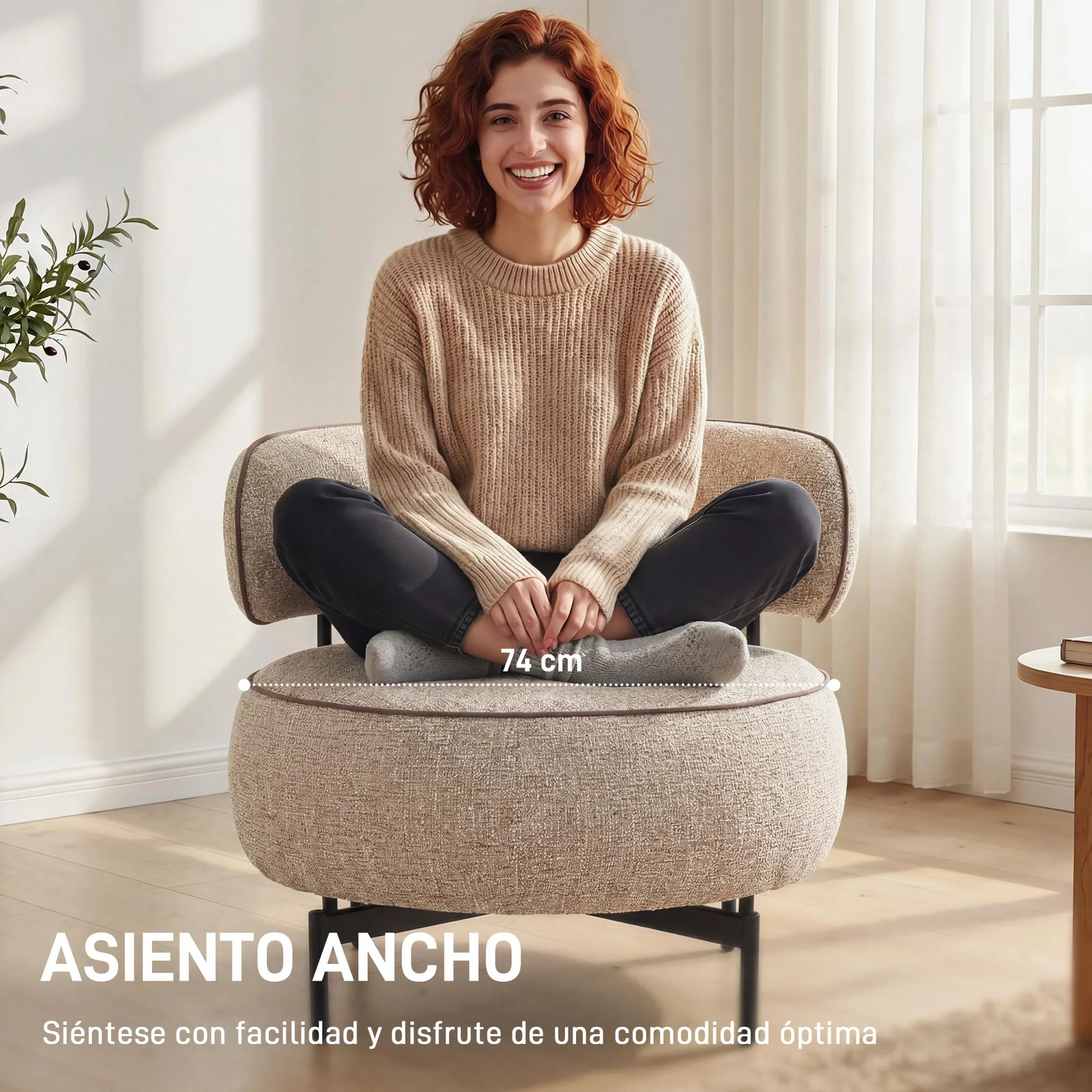 HOMCOM Butaca de Salón con Asiento Giratorio, Sillón de Salón, Tapizado en Lino, con Asiento Amplio, Acolchado Grueso, Patas de Metal para Dormitorio, Lectura, Beige